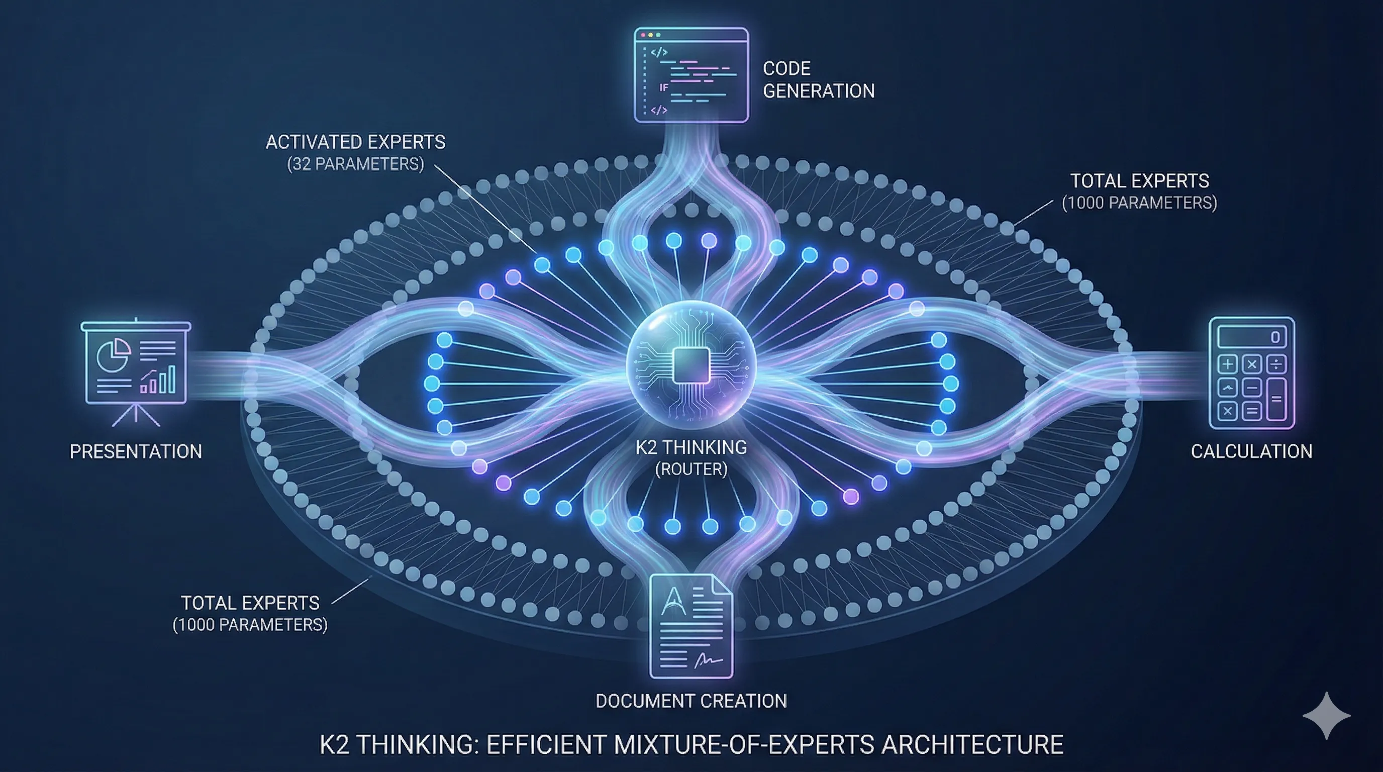Architecture diagram of Kimi K2 Thinking — input prompt entering on the left, extended chain-of-thought reasoning loop in the center processing through multiple deliberation steps, structured output emerging on the right, illustrating the reasoning-model architecture that powers Kimi AI Slides.
