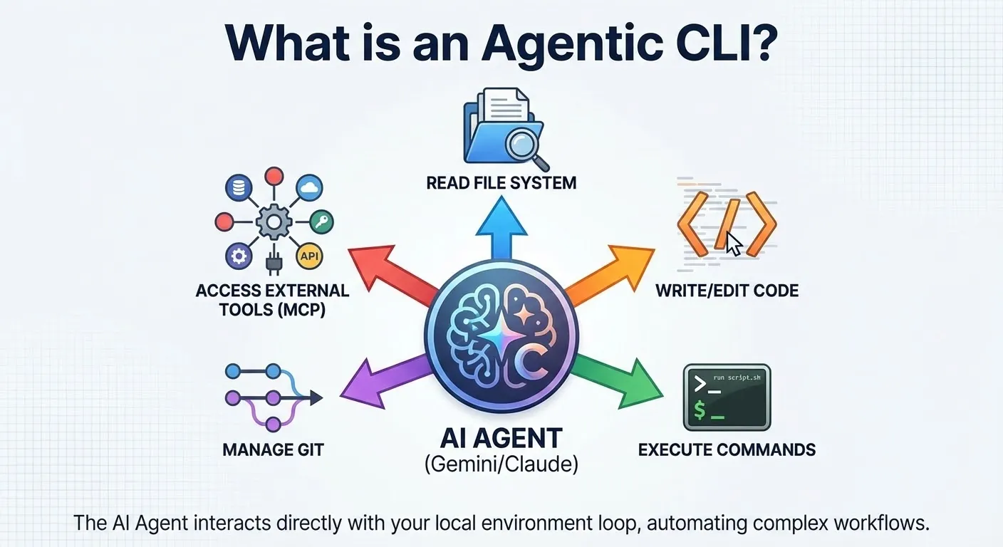Diagram showing how agentic CLIs like Gemini 3 and Claude Code interact directly with the file system, terminal execution, and git.
