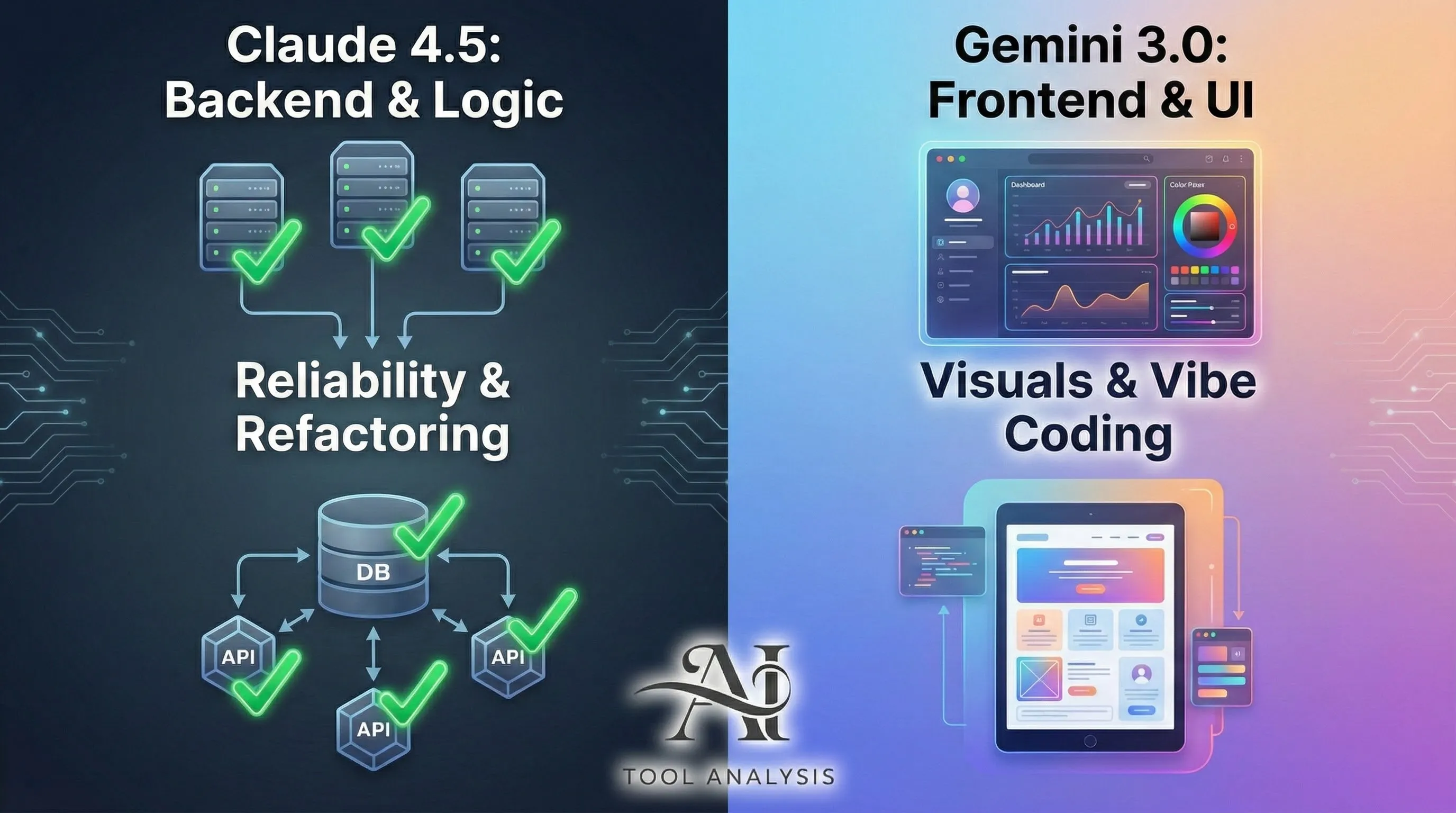 Visualization comparing Claude 4.5 (Backend Logic Focus) vs Gemini 3.0 (Frontend UI Focus).