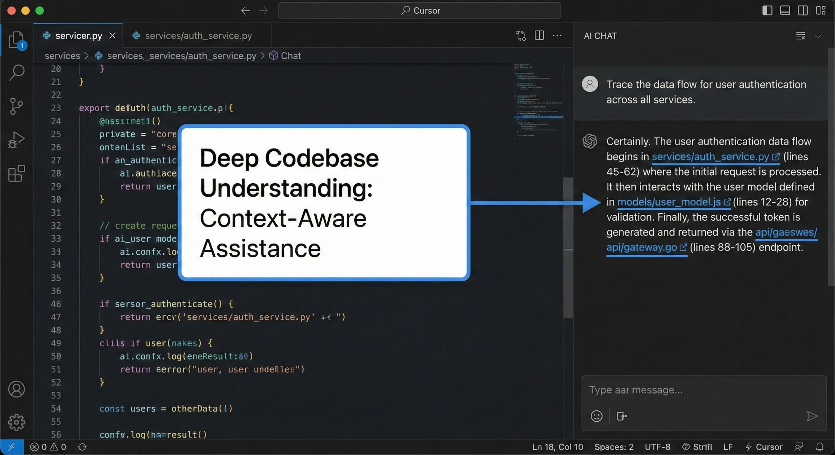 Cursor interface demonstrating codebase-aware chat, showing the AI referencing multiple files to answer a complex question