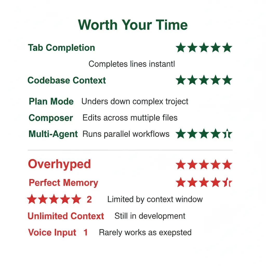 Features ranked by actual usefulness: Tab completion and codebase context are game-changers, voice input is mostly marketing