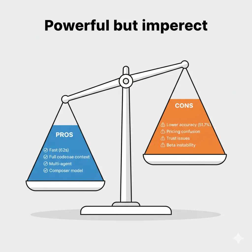 The realistic assessment: Cursor 2.0 is powerful but not magic, fast but not always accurate