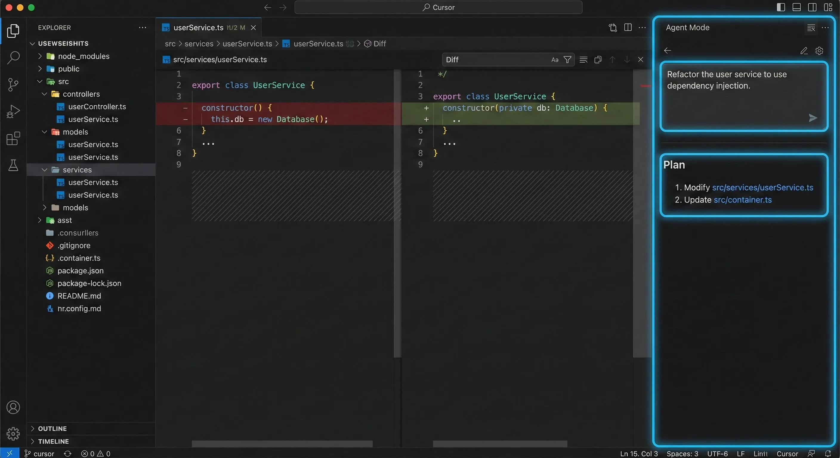 Cursor IDE interface showcasing the Agent mode planning a multi-file refactor in 2025.
