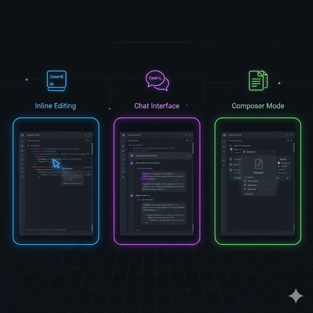 The three ways developers actually use Cursor: inline edits, chat interface, and Composer for multi-file changes