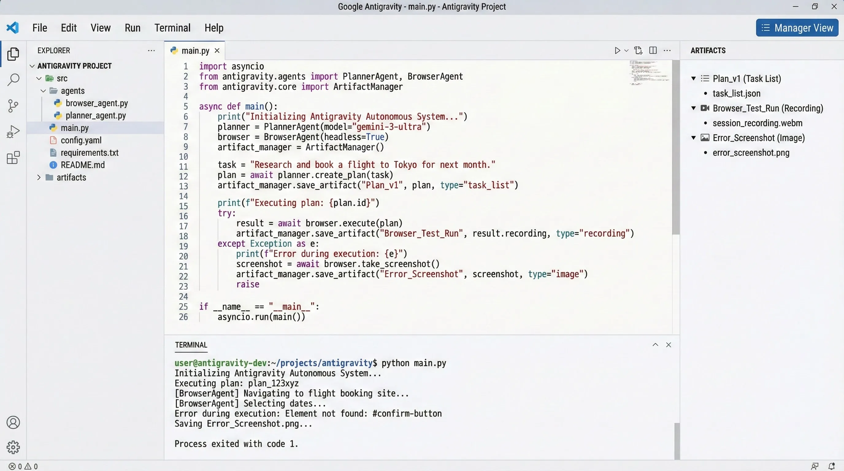 Google Antigravity interface mockup showing agentic development