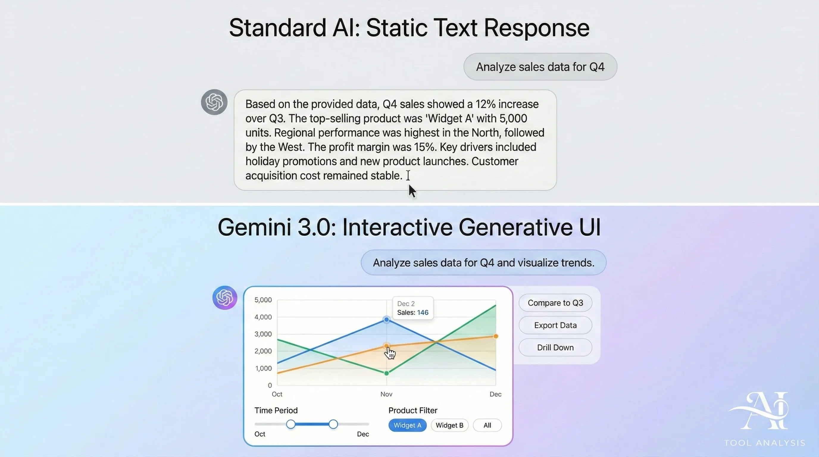 Conceptual visualization of Gemini 3.0 Generative UI creating interactive widgets instead of static text.