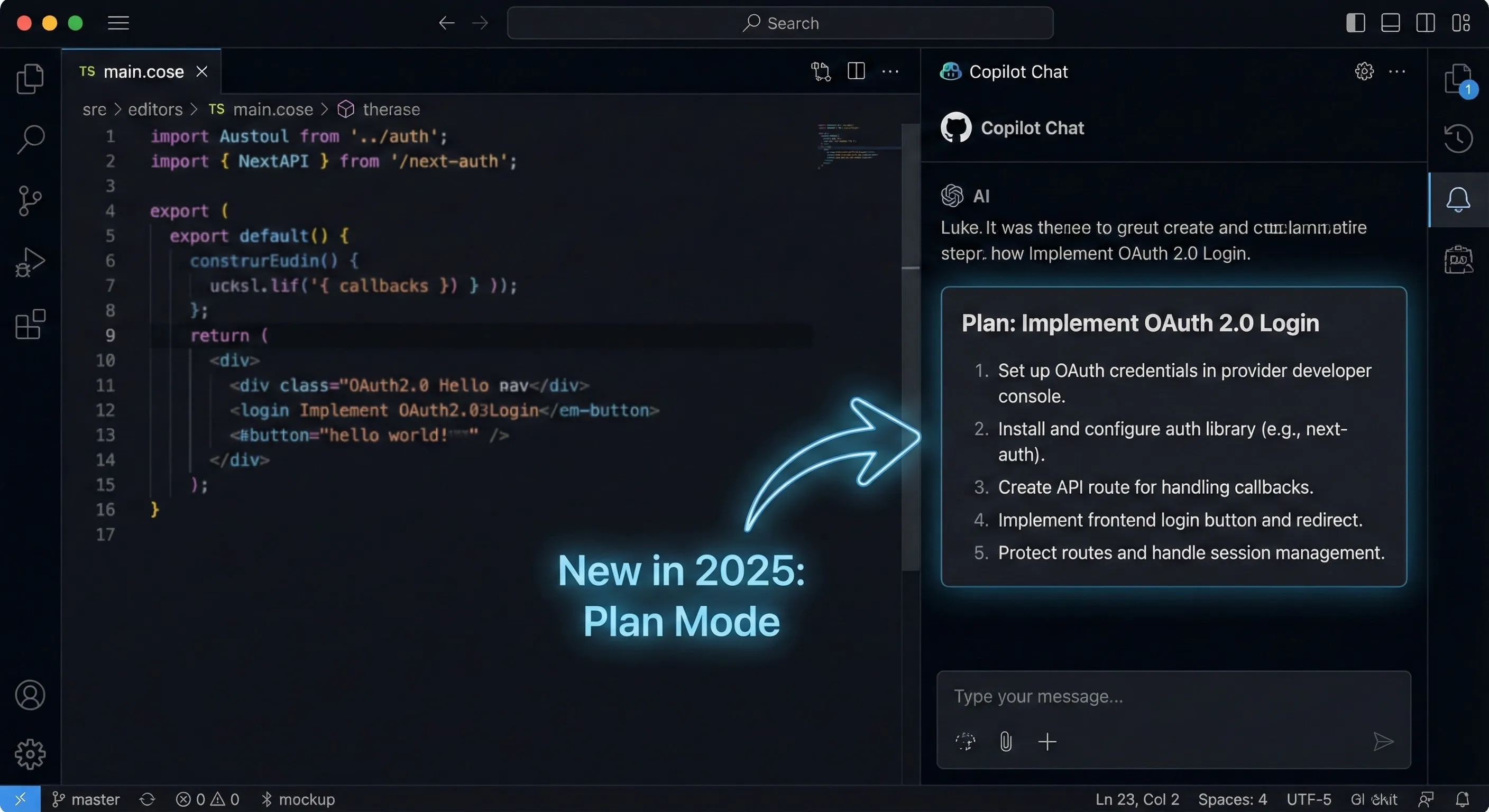 GitHub Copilot interface showing the new 'Plan Mode' feature in VS Code 2025.