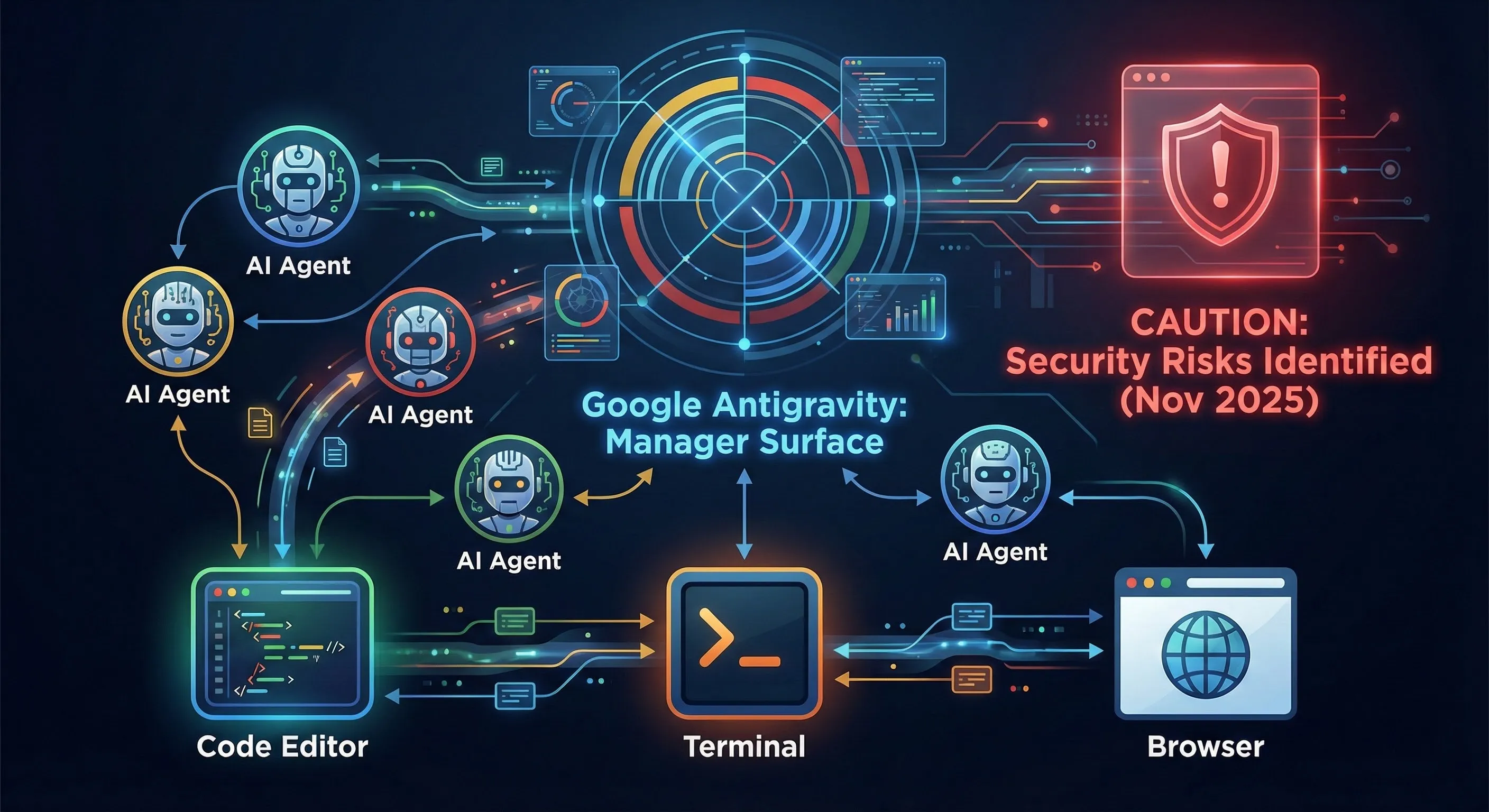 Conceptual visualization of Google Antigravity's Manager Surface mode with autonomous agents