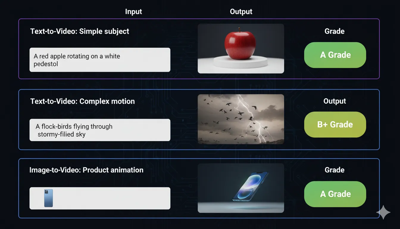 Comparison grid showing Kling AI test results for text-to-video and image-to-video