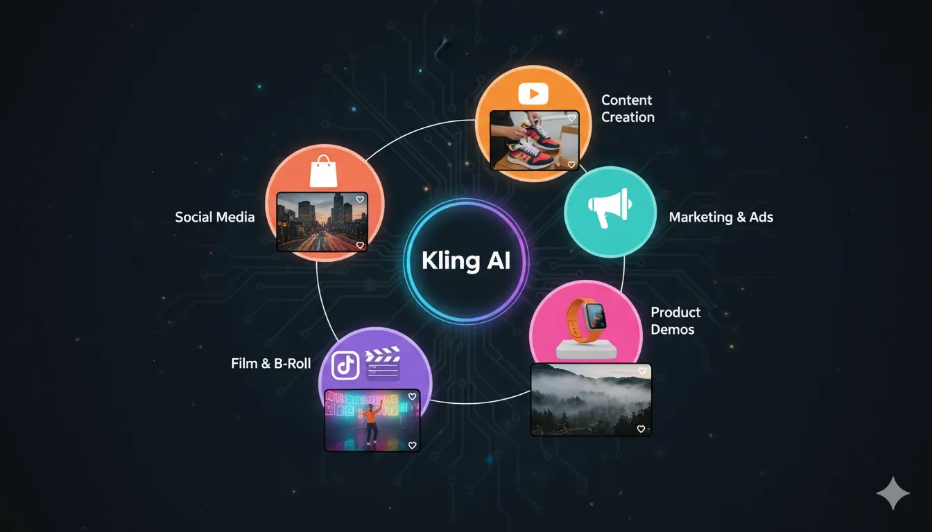Kling AI ideal use cases showing content creation, marketing, and product demos