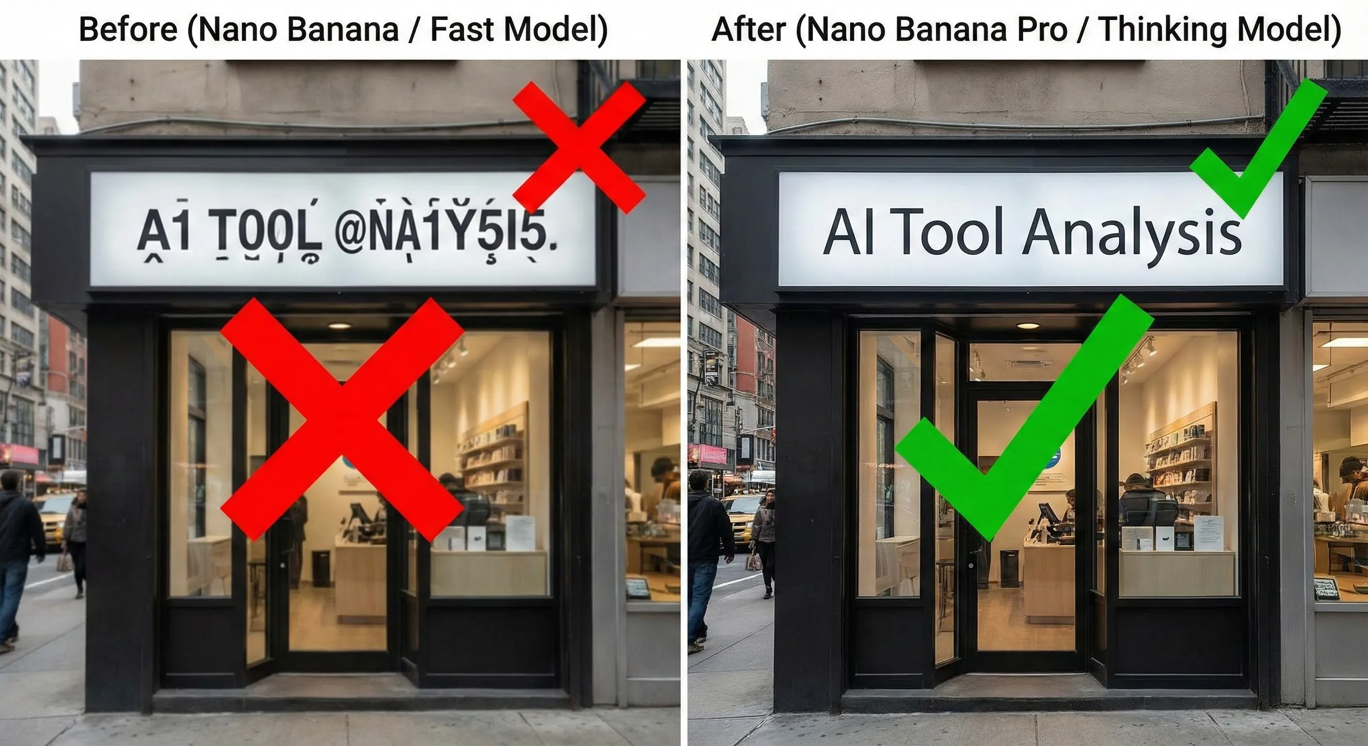 Nano Banana Pro text rendering comparison: Before (Nano Banana 1) vs After (Nano Banana Pro)