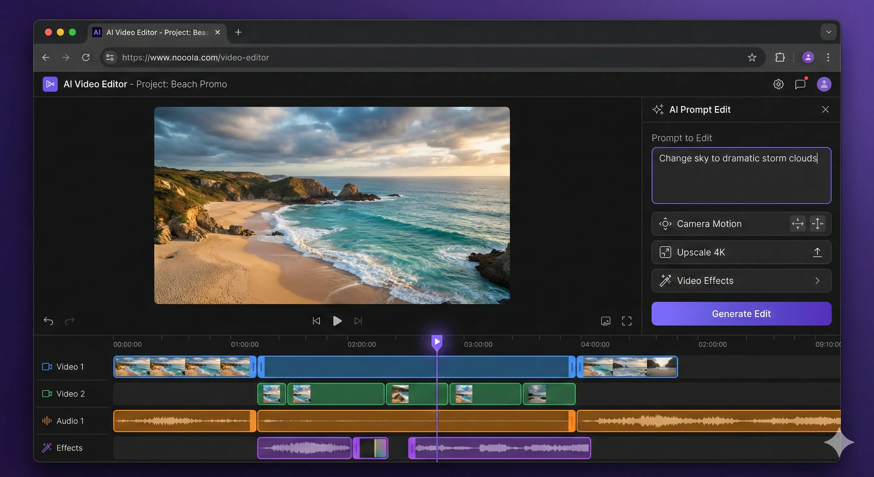 Illustration of a browser video editor with a Prompt to Edit panel and a four-track timeline (AI-generated mockup, not Adobe's real interface)