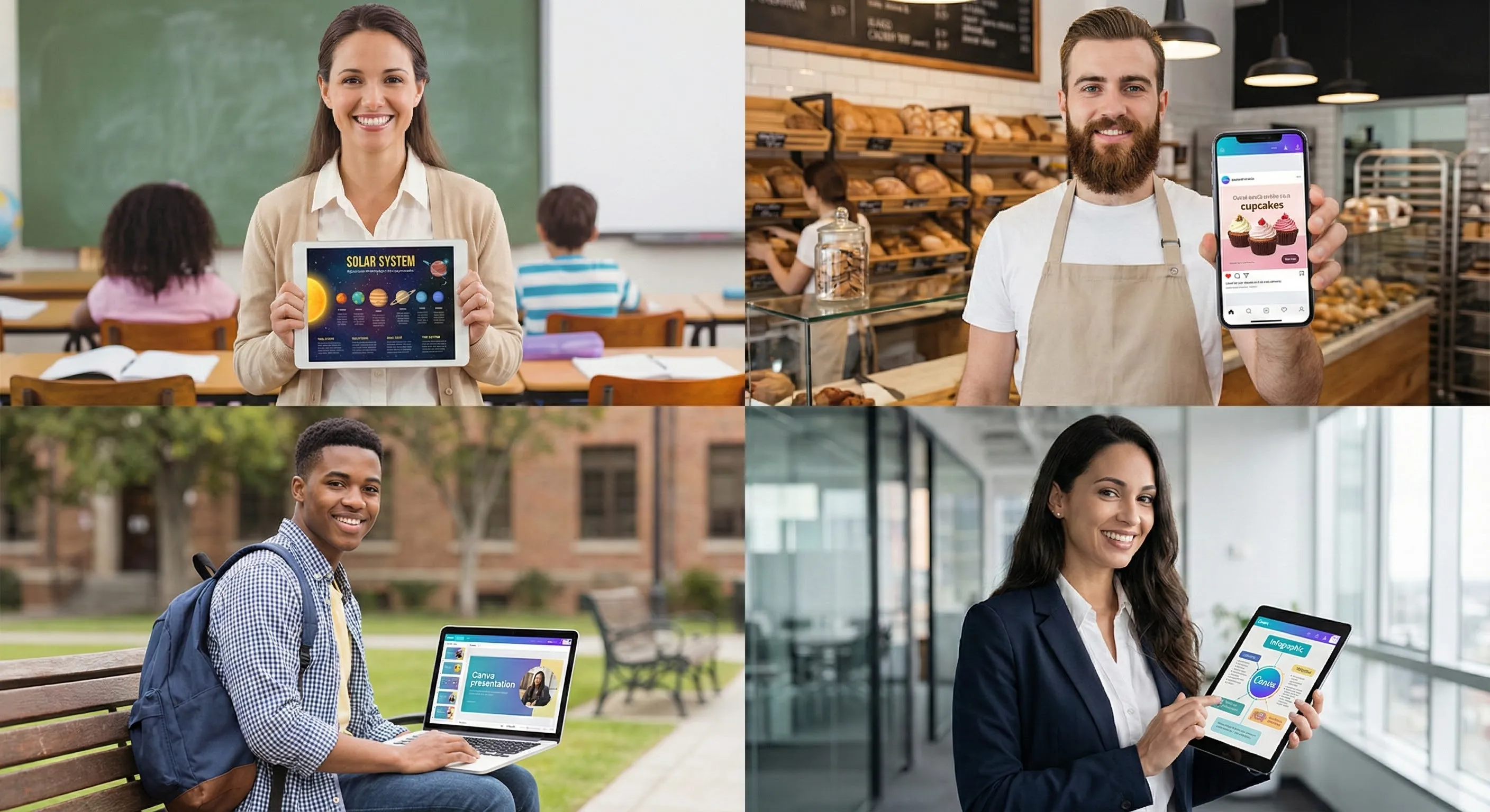 Collage of diverse Canva users showing their creations