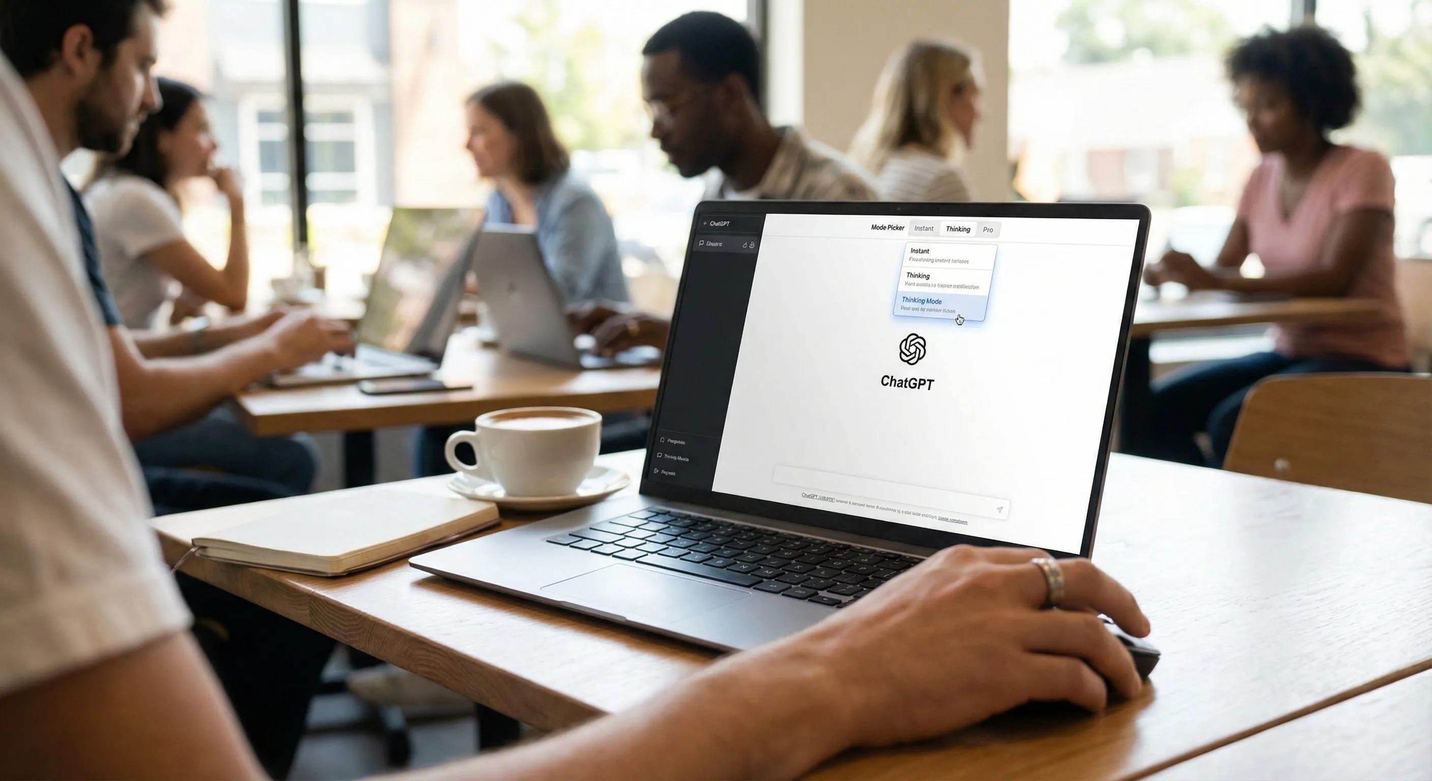 Woman using ChatGPT 5.2 new interface on laptop in a sunlit home office