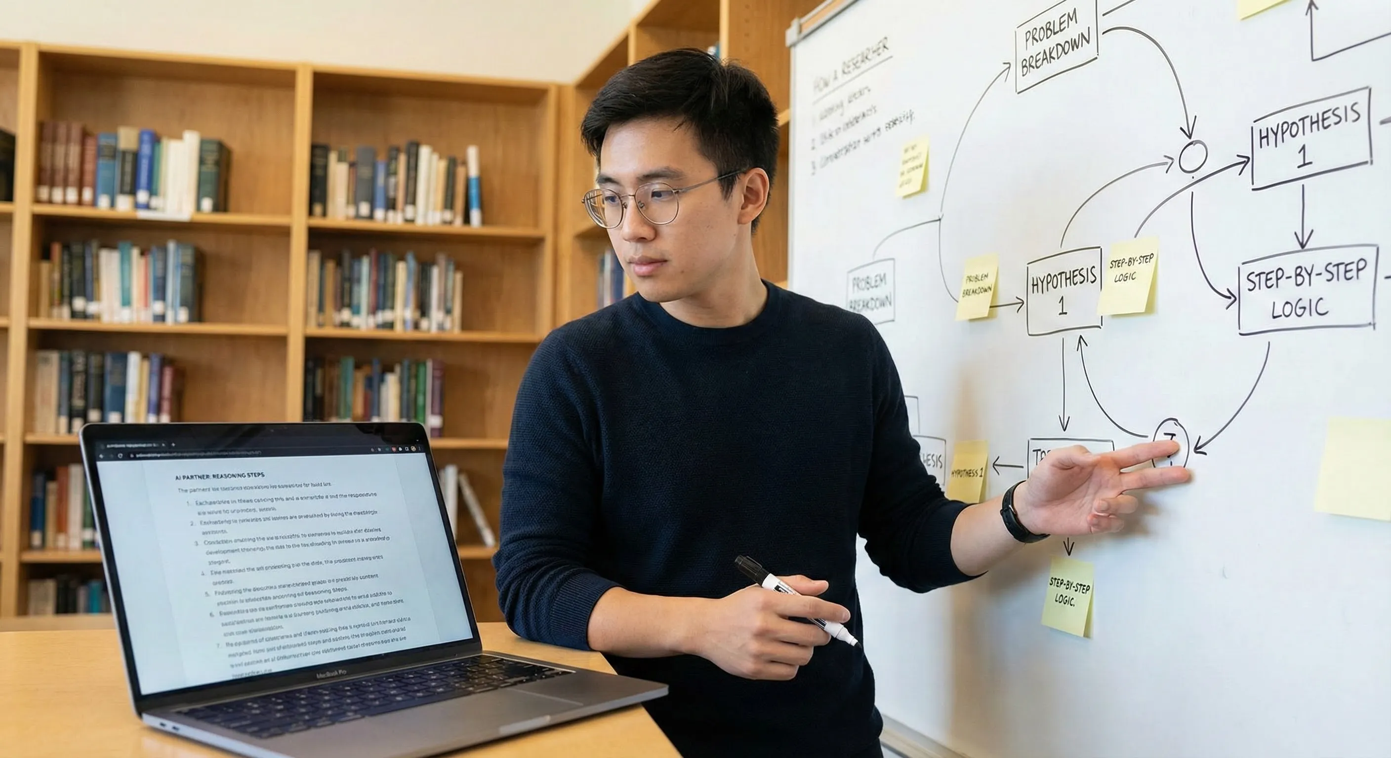 A researcher sketching complex logic on a whiteboard while checking a laptop