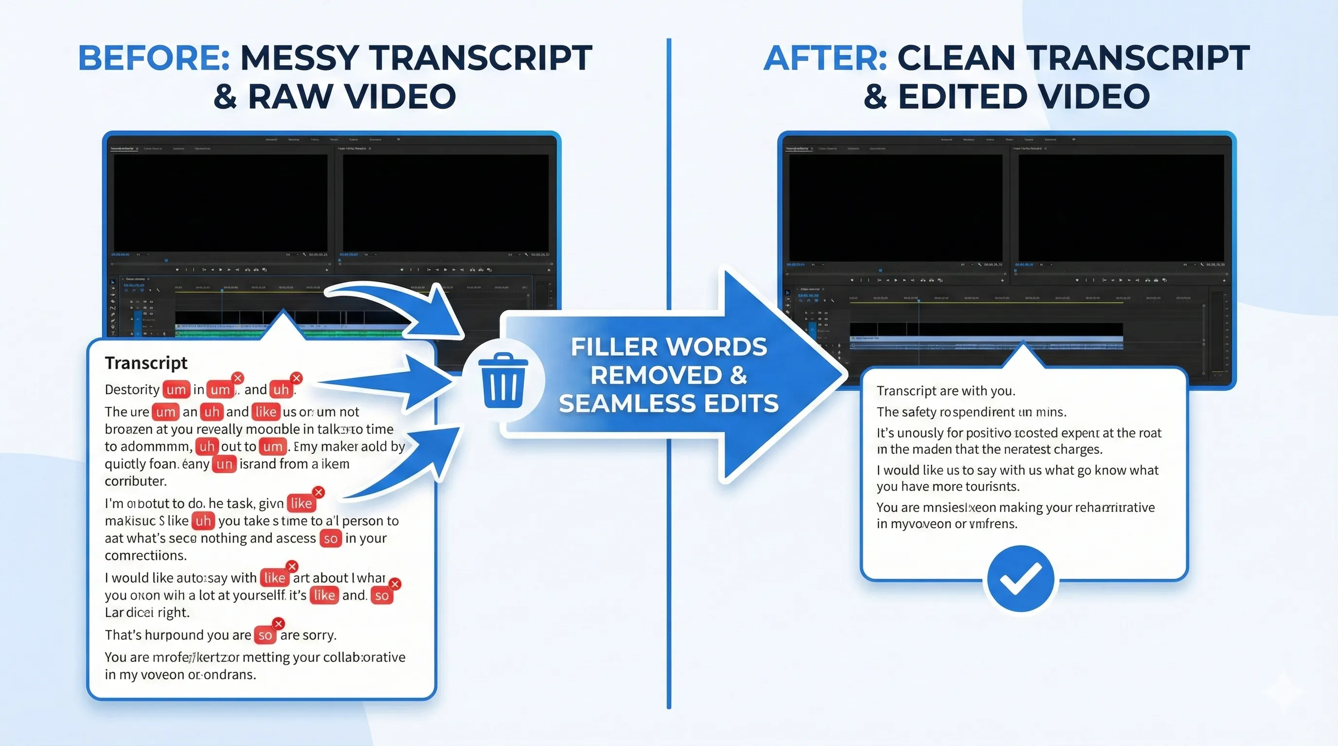 Descript text-based editing interface showing transcript synchronized with video timeline