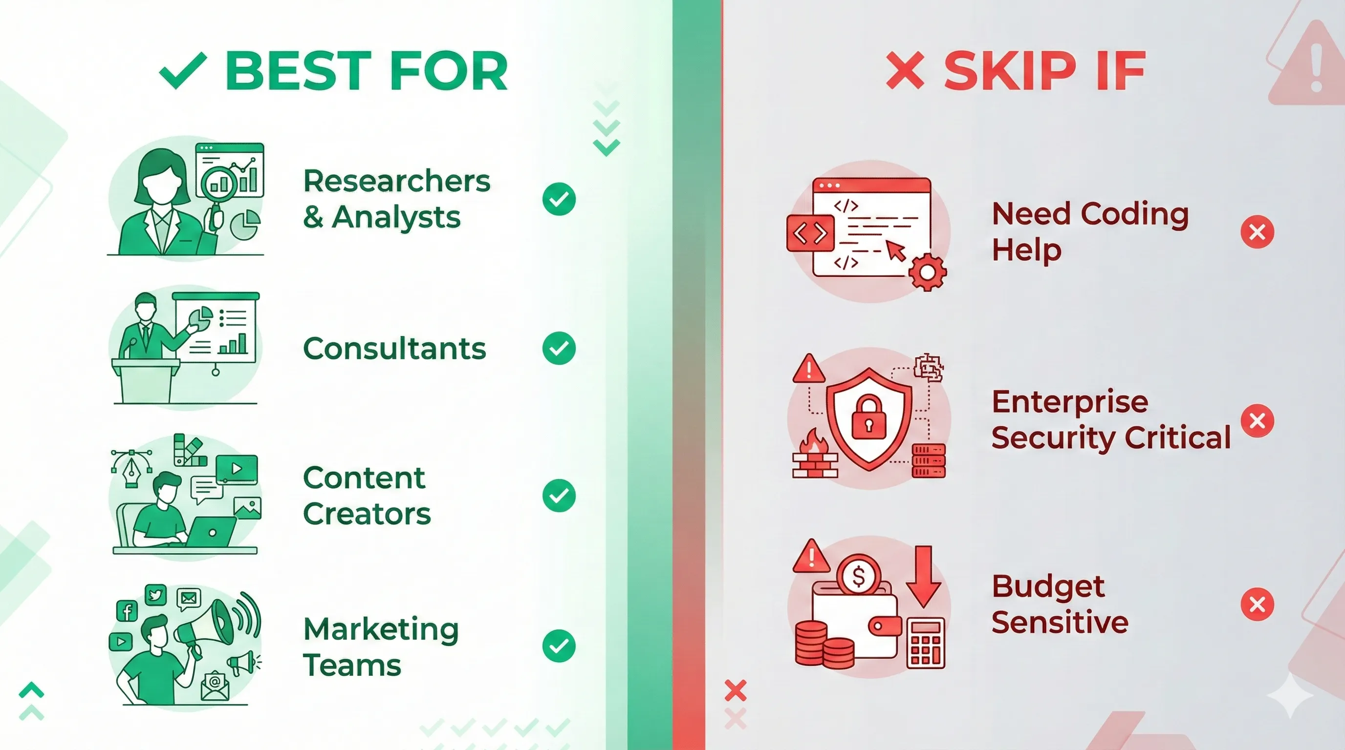 Genspark AI ideal user comparison showing best fit for researchers, creators, and consultants