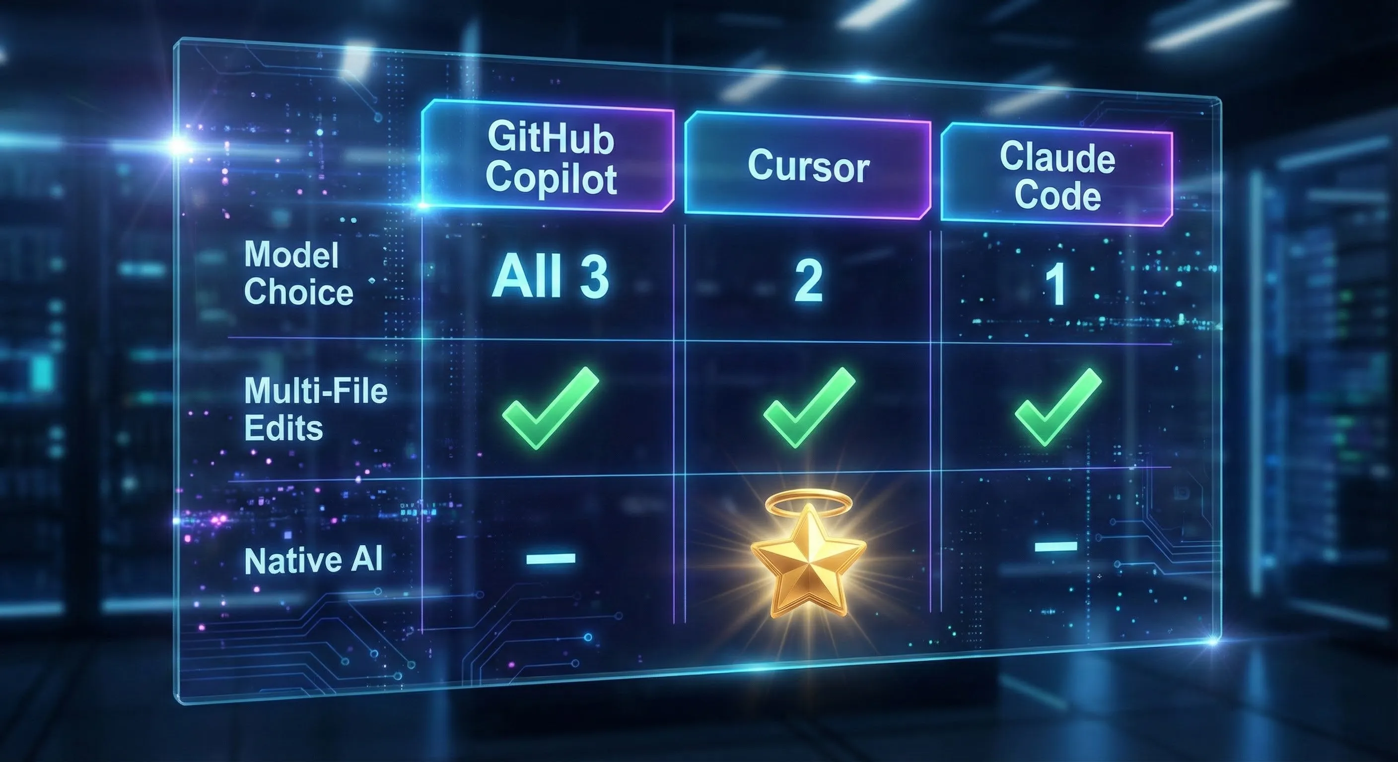 Comparison chart of GitHub Copilot vs Cursor vs Claude Code features