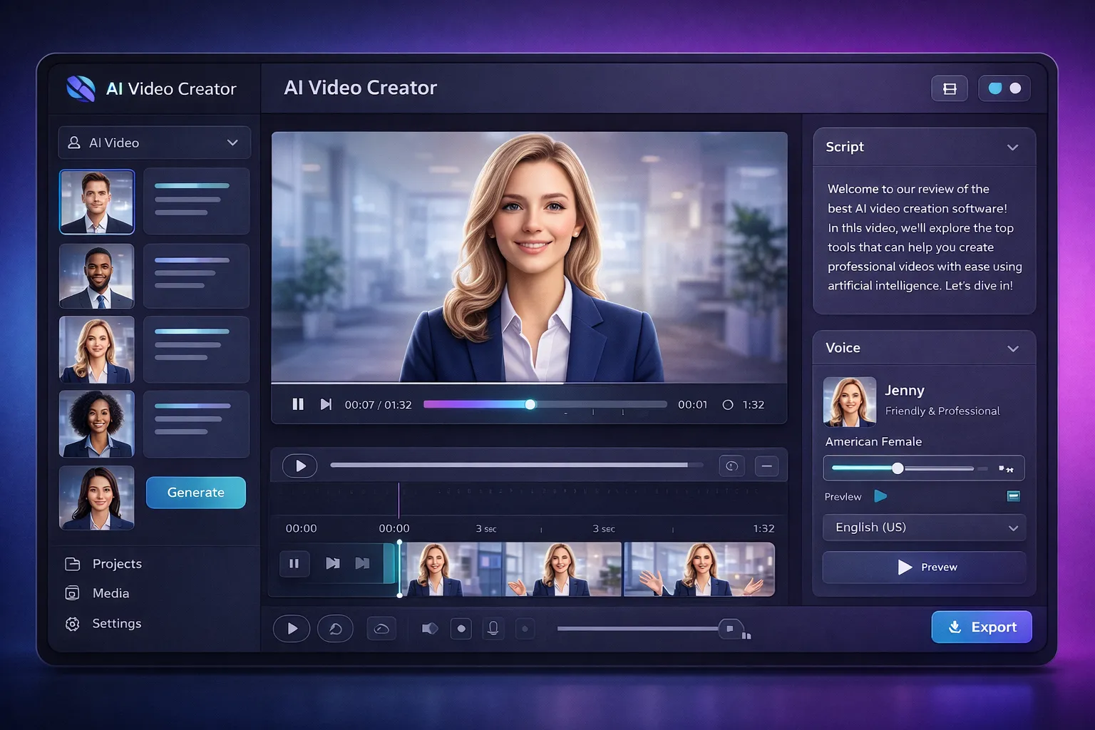HeyGen dashboard showing avatar selection and video creation interface