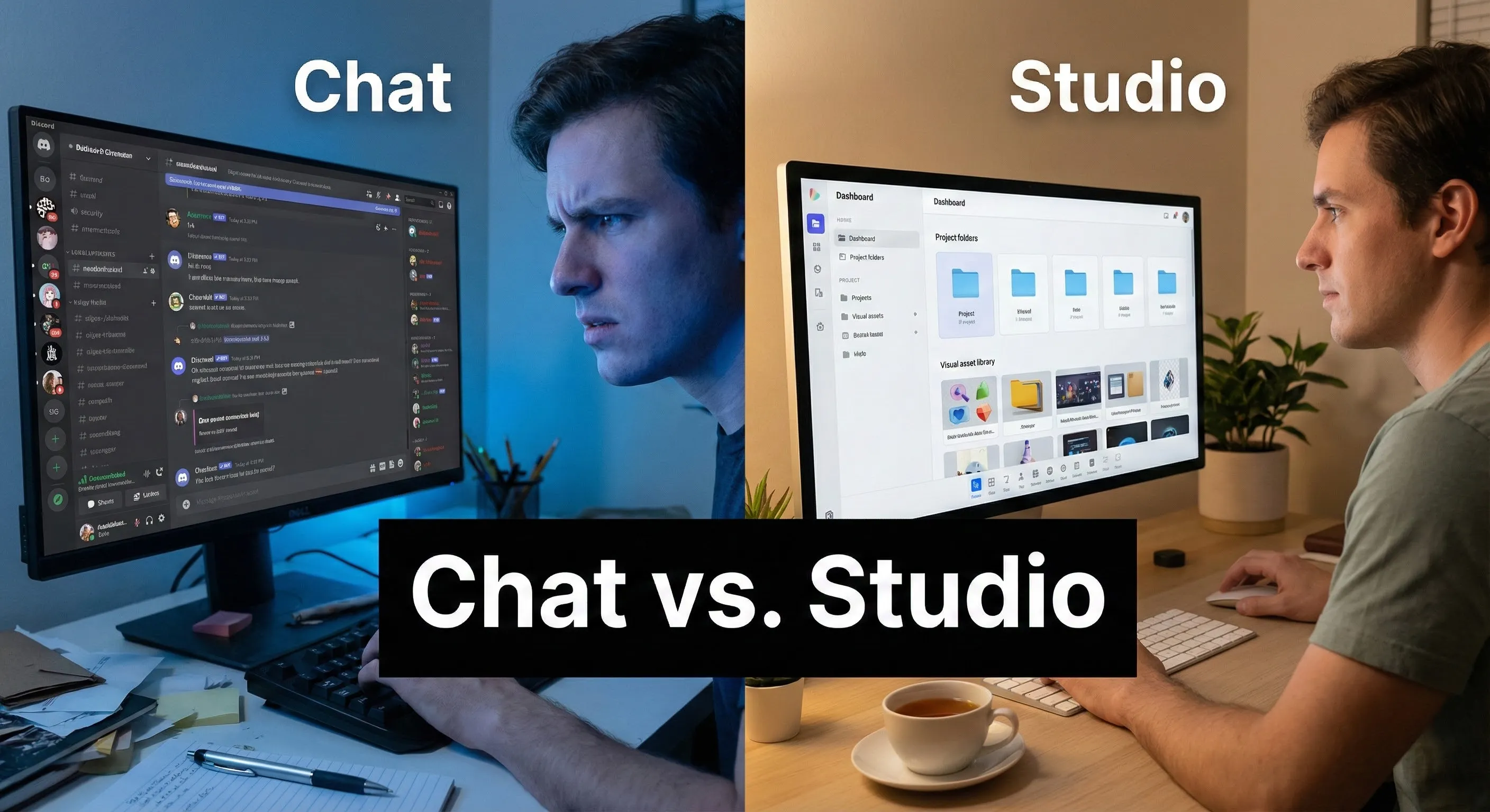 Side-by-side comparison visualization of Leonardo.AI and Midjourney — Leonardo's strengths in studio workflow + Realtime Canvas + character consistency on the left, Midjourney's strengths in aesthetic ceiling + chat-style accessibility on the right, illustrating the category split between studio-workflow and chat-style image tools.