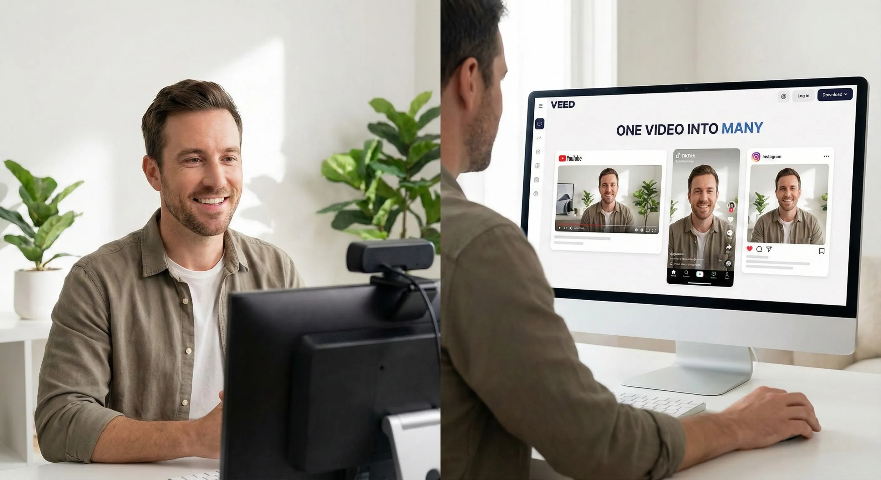 Split screen showing a creator recording and the Veed interface automatically resizing the content for TikTok with captions