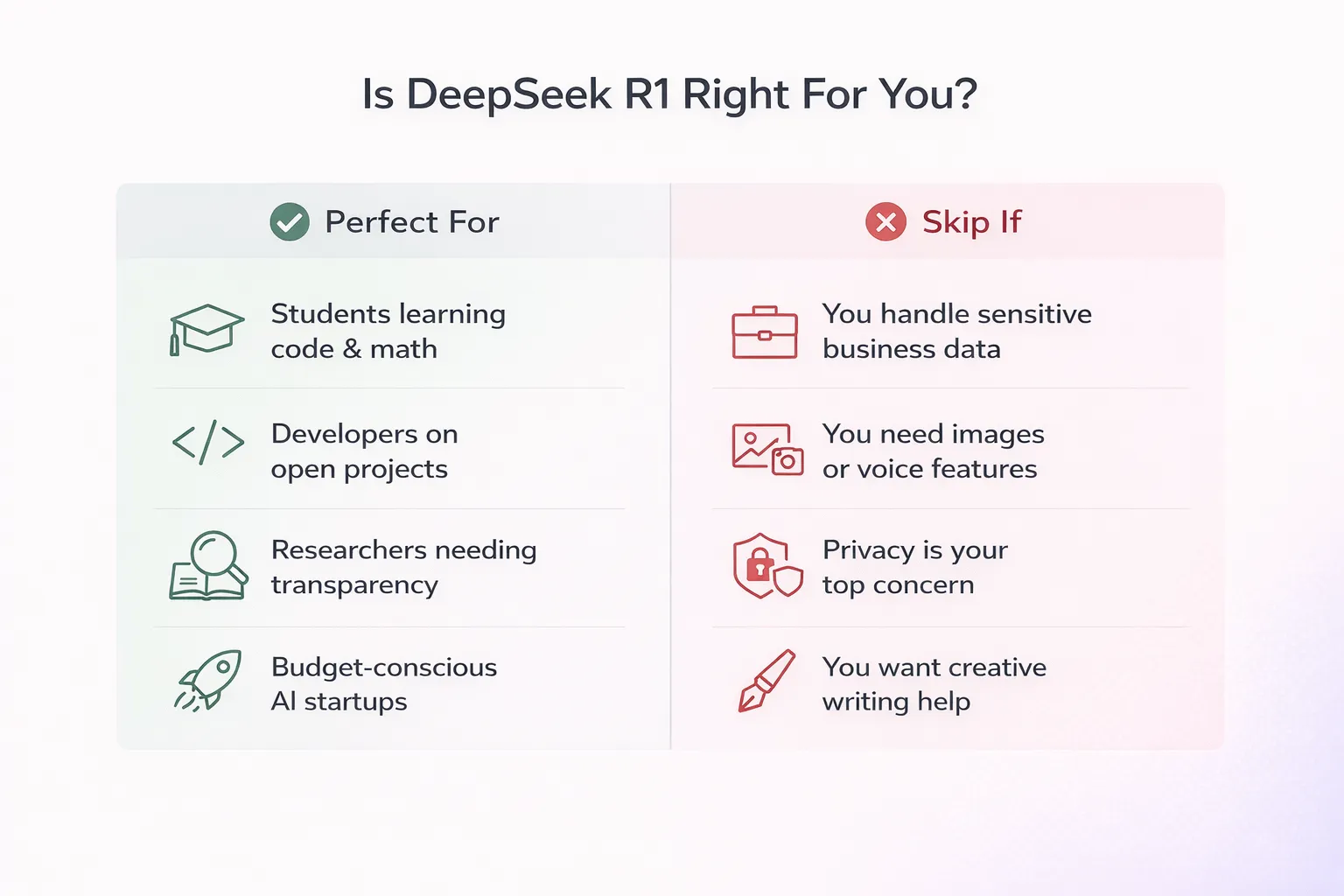DeepSeek R1 ideal user comparison chart showing best and worst fit scenarios
