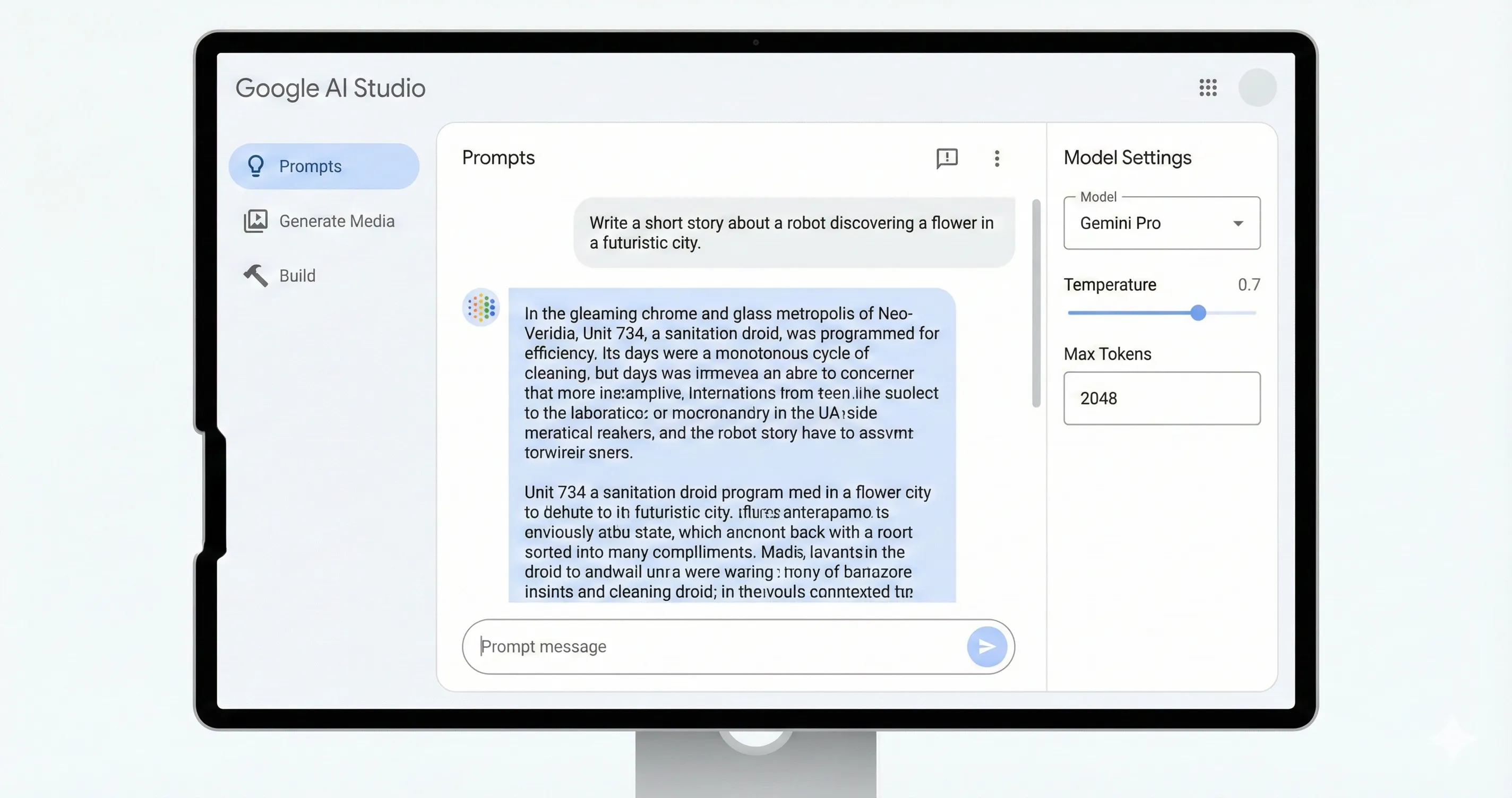 Google AI Studio interface showing model selection and prompt testing