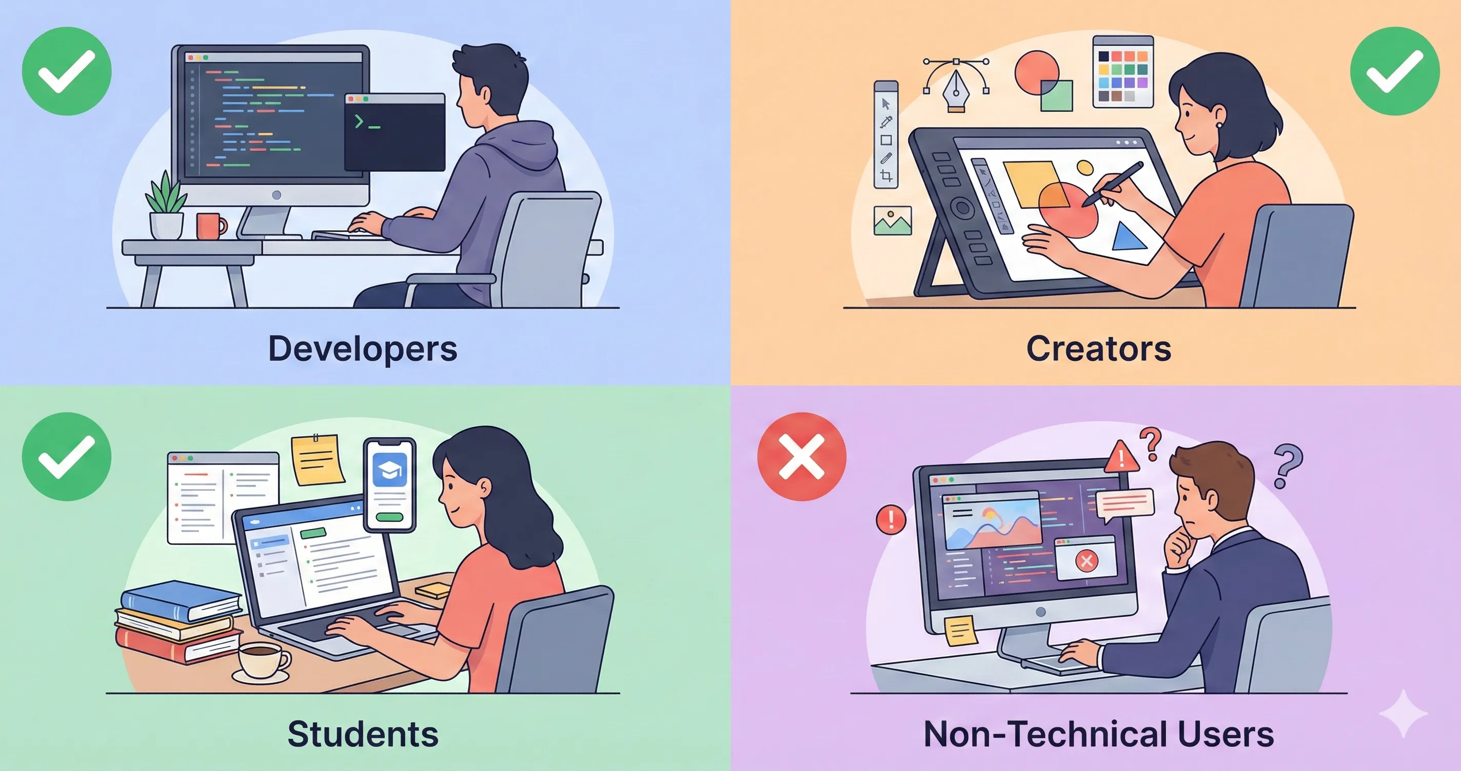 Google AI Studio user personas showing developers, creators, students, and enterprise teams