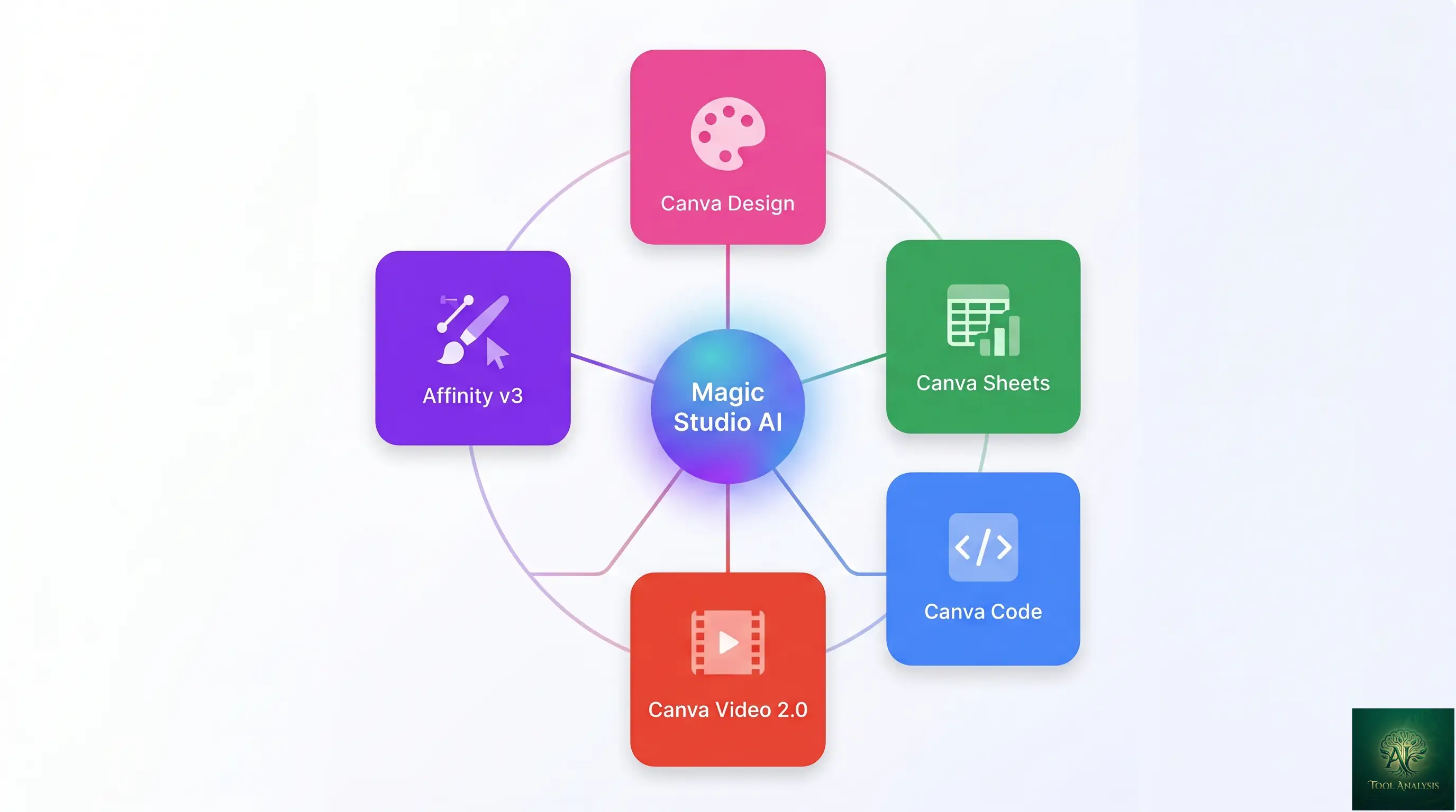 A vector diagram showing the five Canva surfaces in 2026 — Canva Design, Canva Sheets with Magic Charts, Canva Code, Canva Video 2.0, and free Affinity v3 — arranged around a central Magic Studio AI core that powers all five with shared AI capabilities