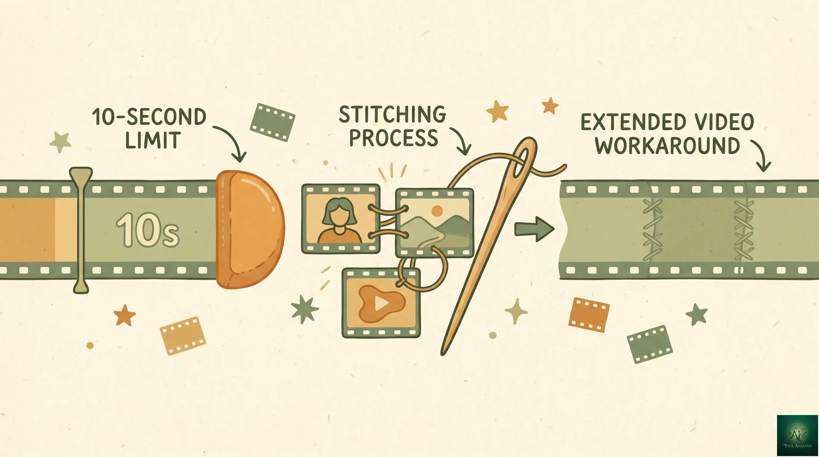 Visual showing the Gemini Omni Flash 10-second clip limit and the workaround of stitching multiple clips together