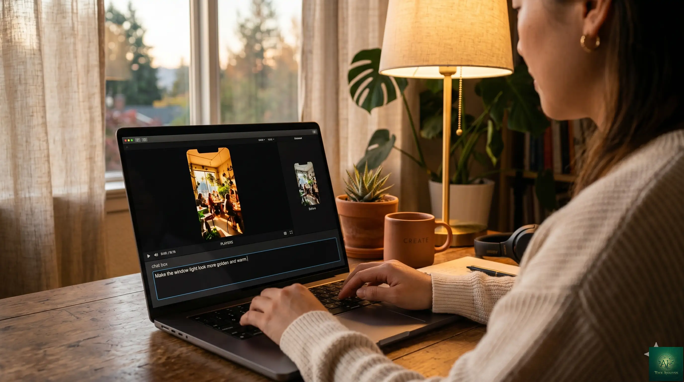 Person editing a Gemini Omni video by typing plain-language instructions, with the clip updating after each turn