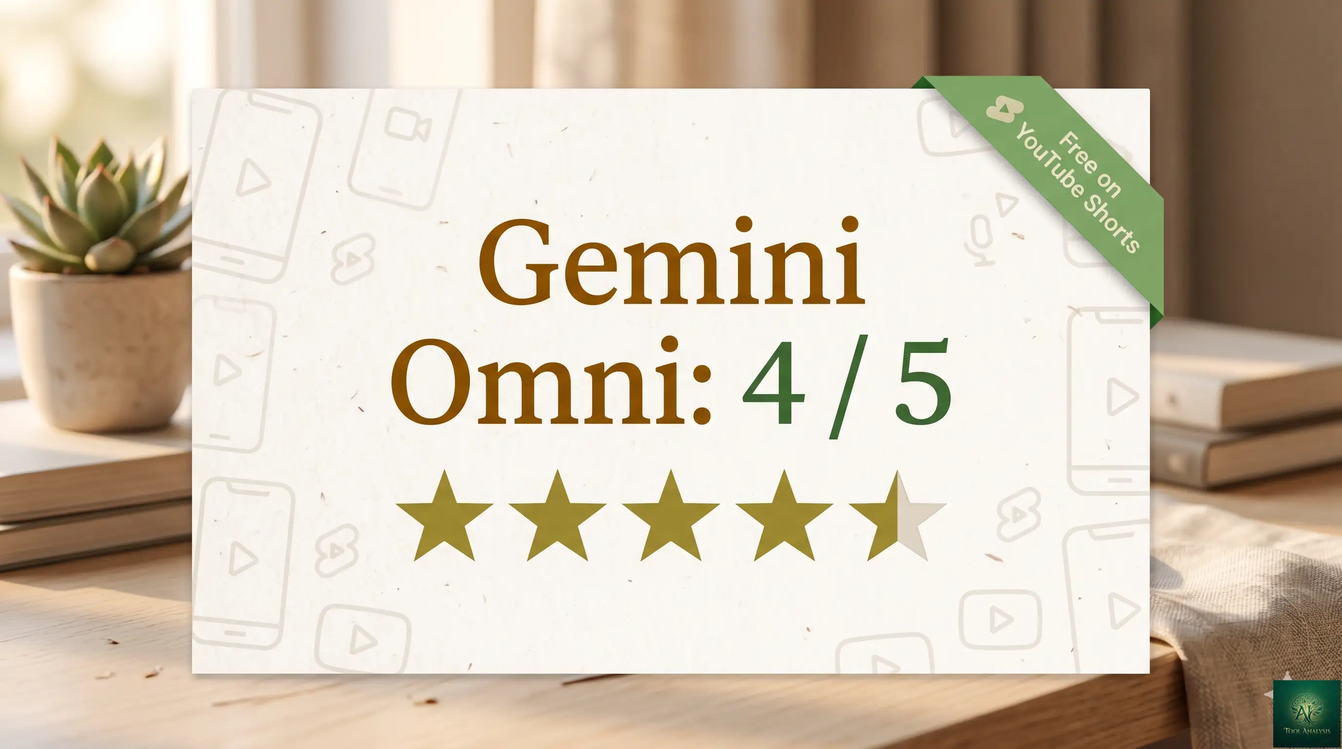 Gemini Omni review verdict card showing a 4 out of 5 rating and Free on YouTube Shorts tagline