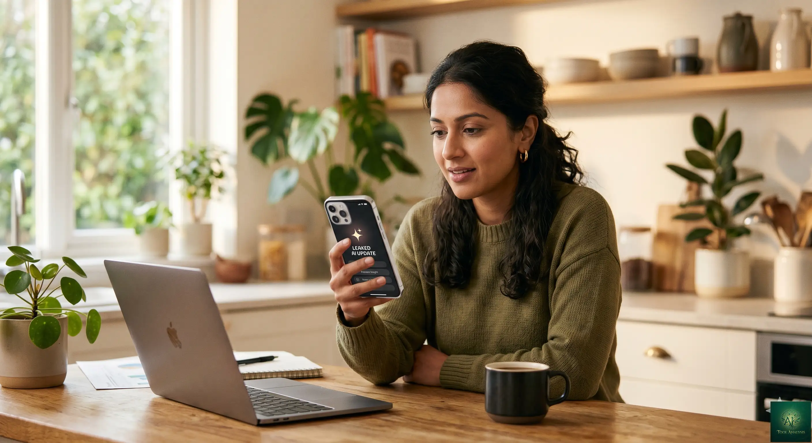 A person checking their phone showing Gemini Spark beta onboarding screen, with morning coffee and laptop in background