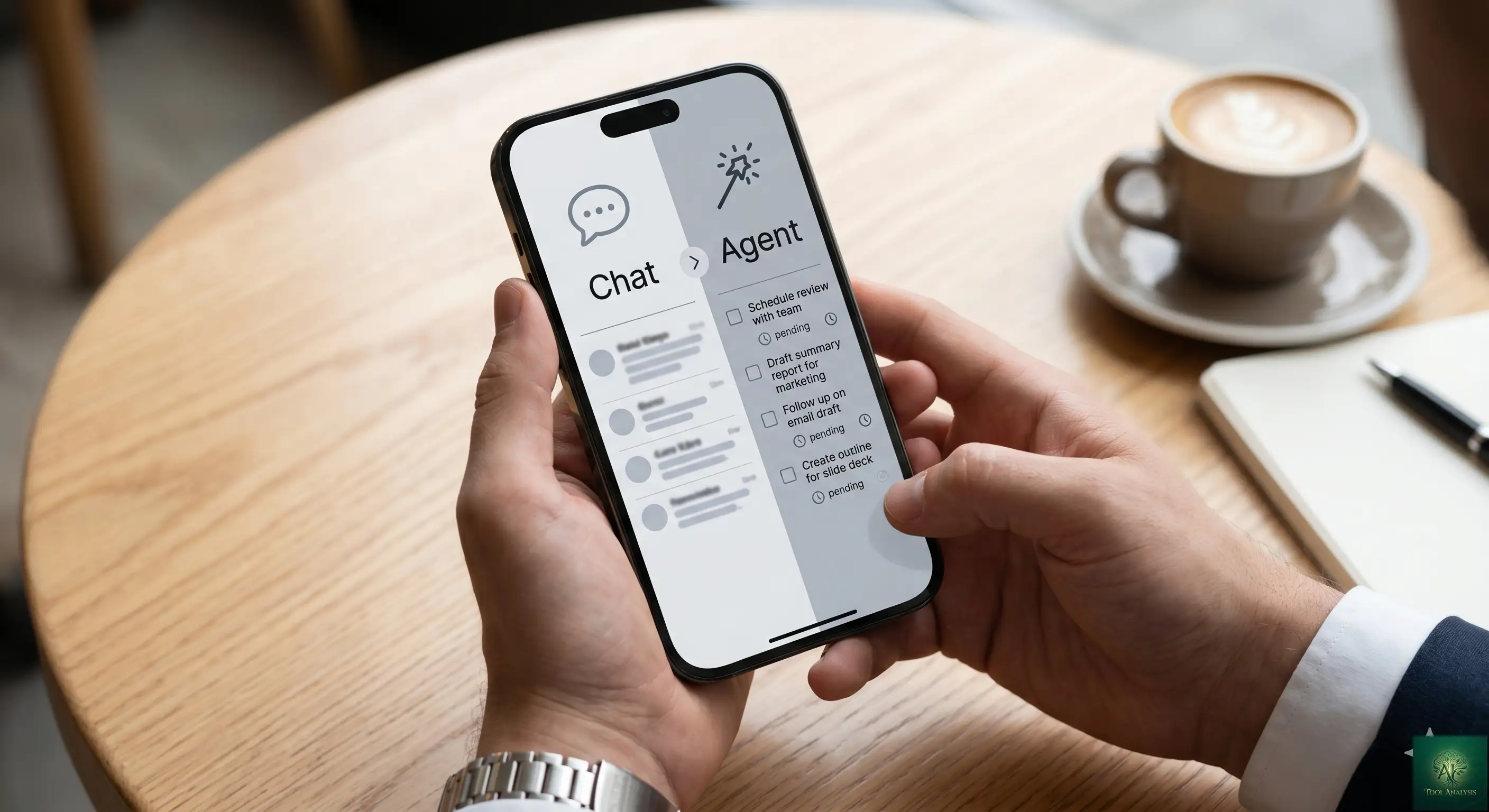 Conceptual illustration of the Gemini Spark two-tab interface showing Chat and Agent modes with task management