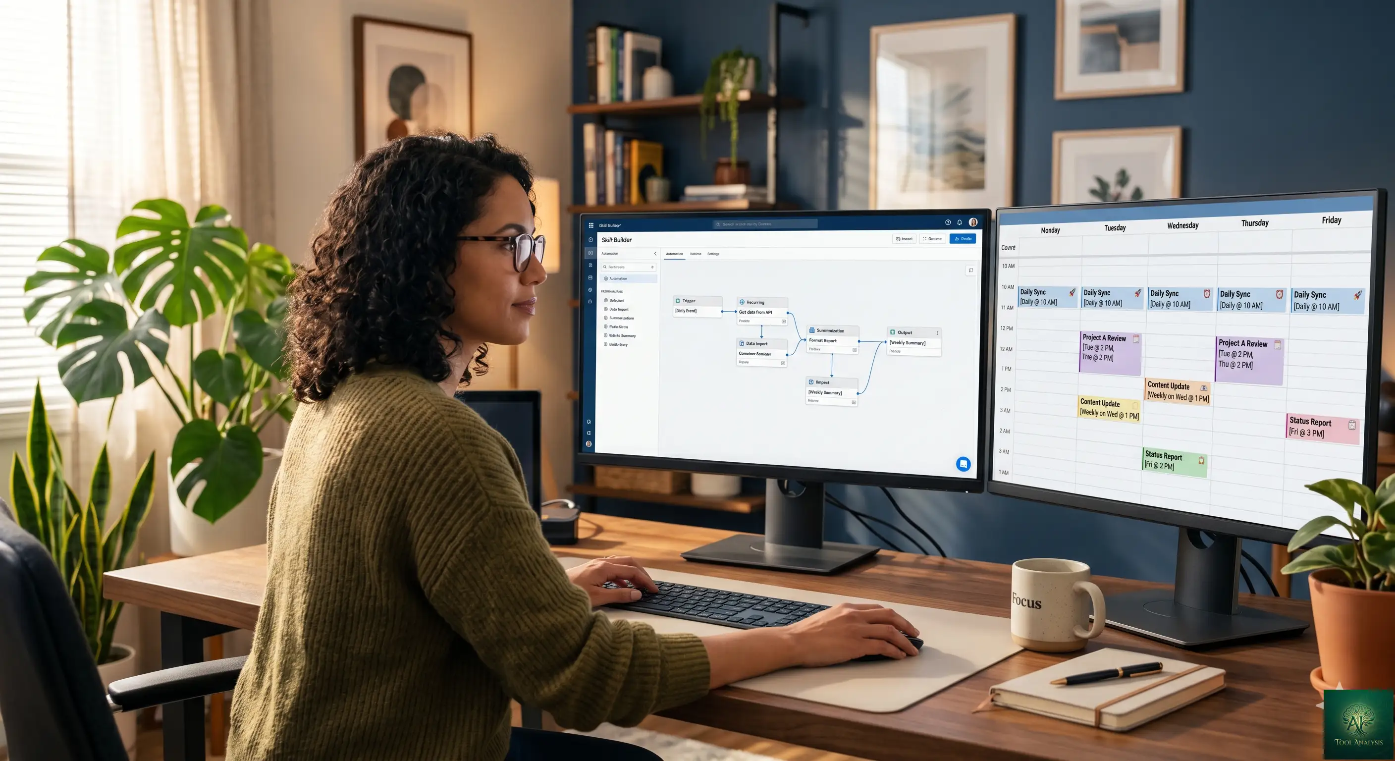 A professional setting up a recurring Gemini Spark skill on a desktop, with a calendar showing scheduled automated tasks throughout the week