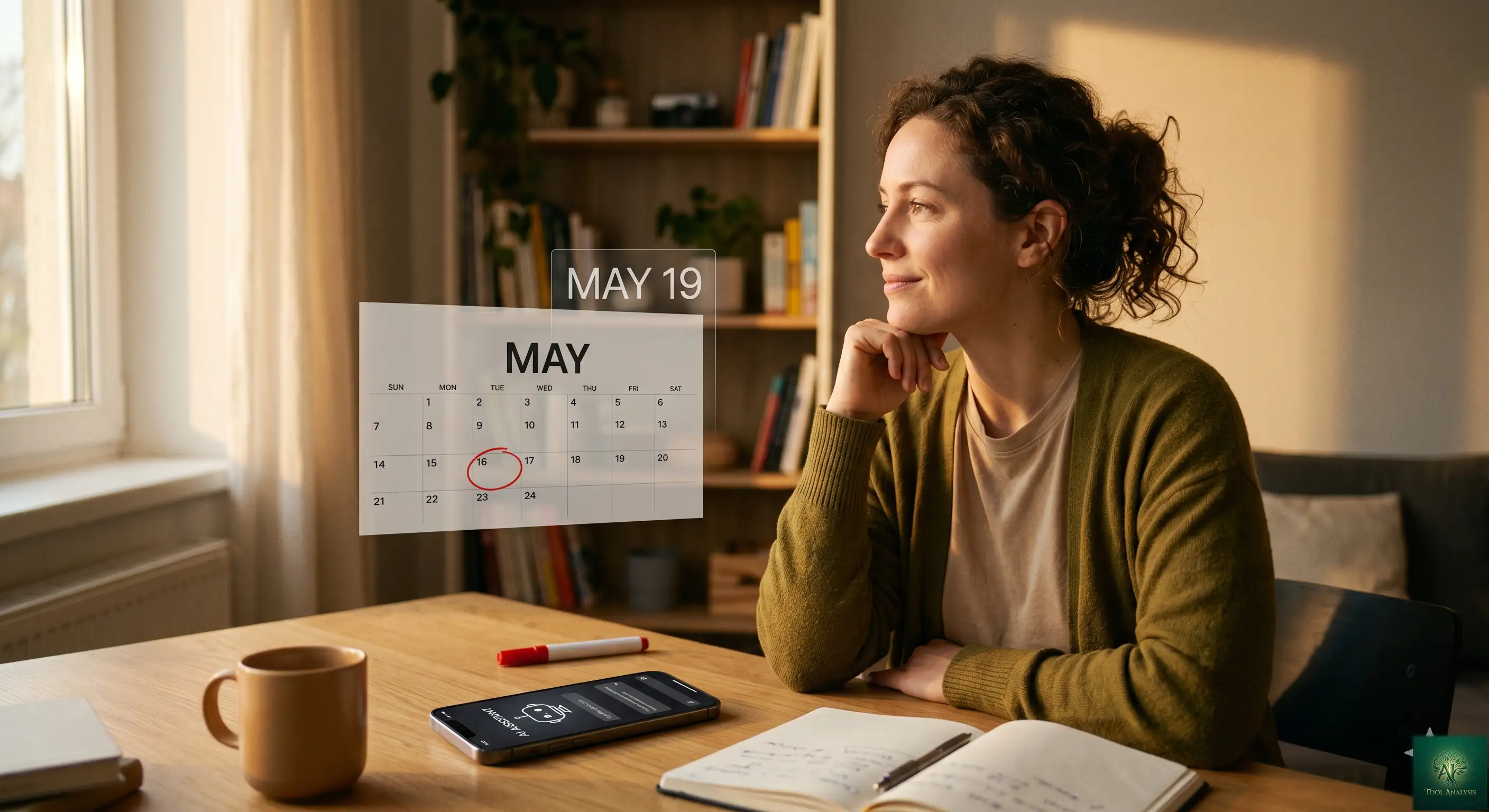 A thoughtful person looking at a calendar with May 19 circled, holding a smartphone showing the Gemini app, deciding whether to activate Gemini Spark