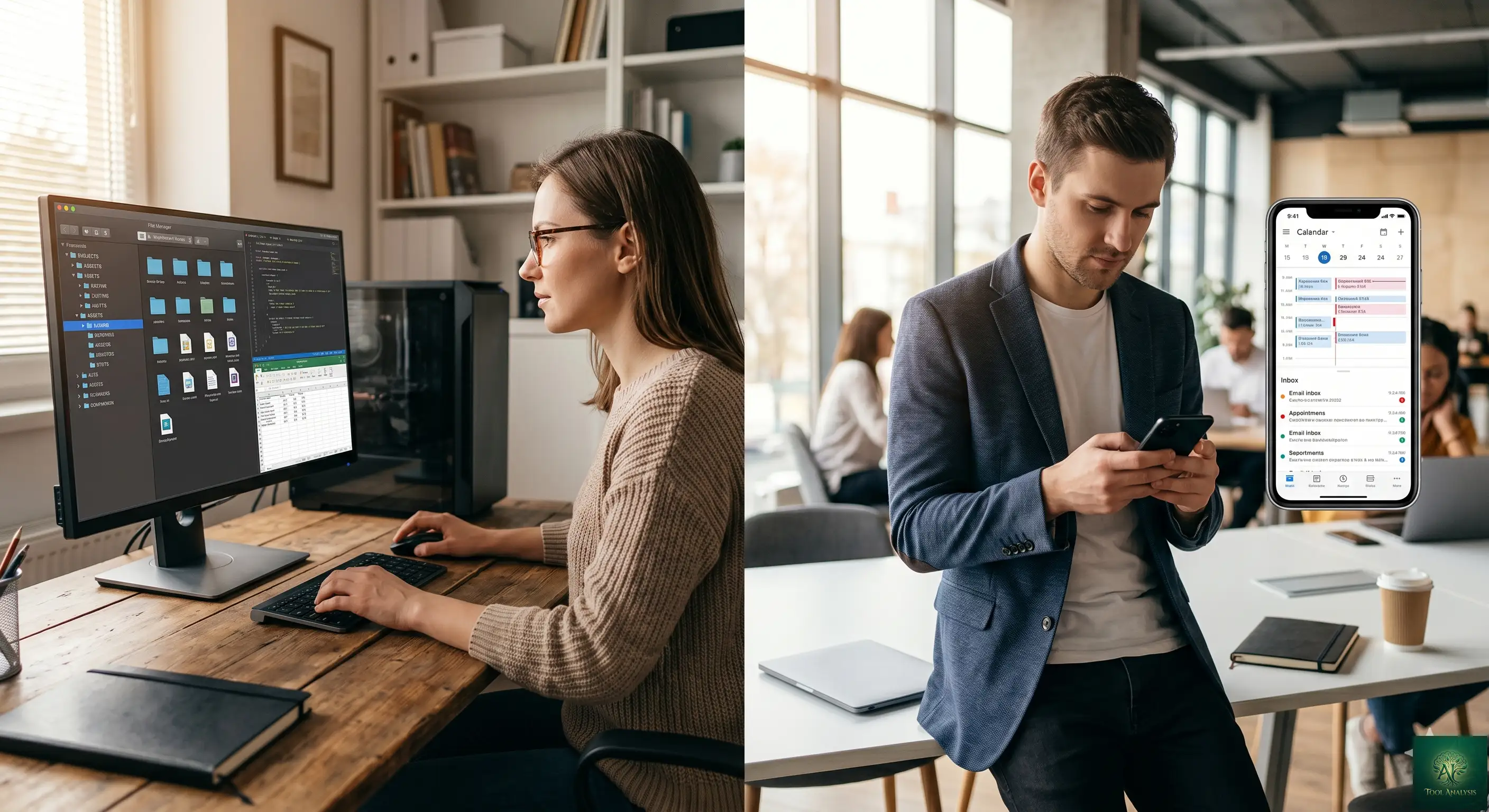 Side-by-side comparison concept of Gemini Spark and Claude Cowork AI agents showing different work environments