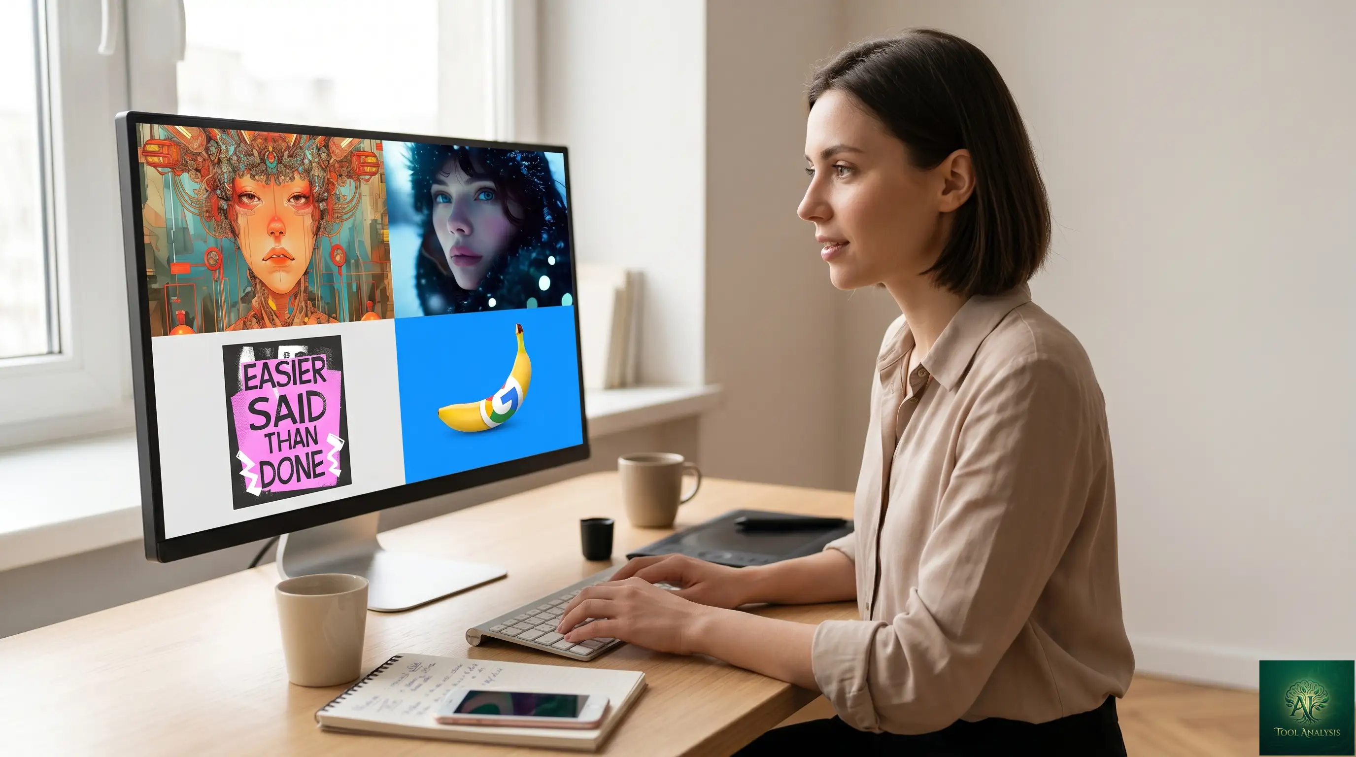 A focused creative professional at a clean modern workspace with a wide monitor displaying a 2x2 grid of AI-generated images — one each from Midjourney V8, Flux 2, Nano Banana Pro, and Recraft V4 — illustrating the multi-tool reality of AI image generation in 2026
