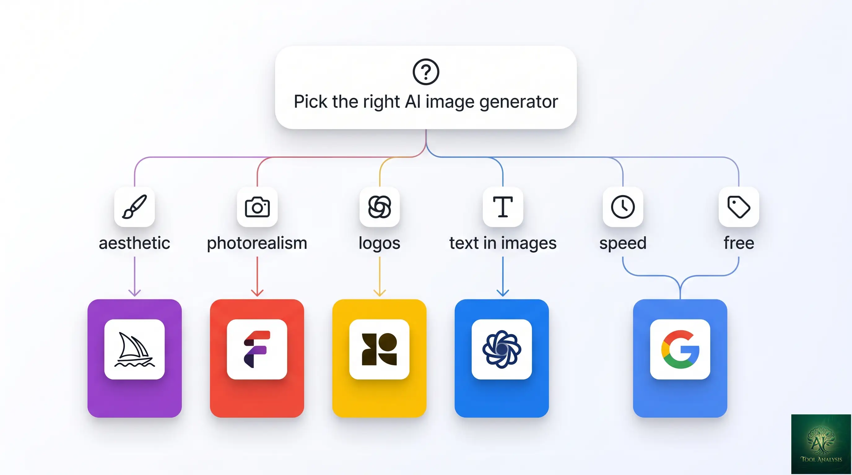 A decision flowchart helping readers pick the right AI image generator — branching by use case (aesthetic, photorealism, logos, text, casual, free) — terminating in Midjourney, Flux 2, Recraft, Ideogram, or Nano Banana recommendations