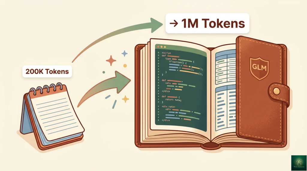 Diagram showing the GLM-5.2 one million token context window expanding from GLM-5.1's 200K
