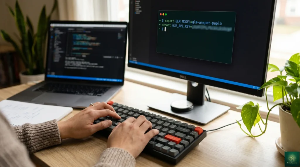 GLM Coding Plan setup in a terminal showing the Claude Code environment variables