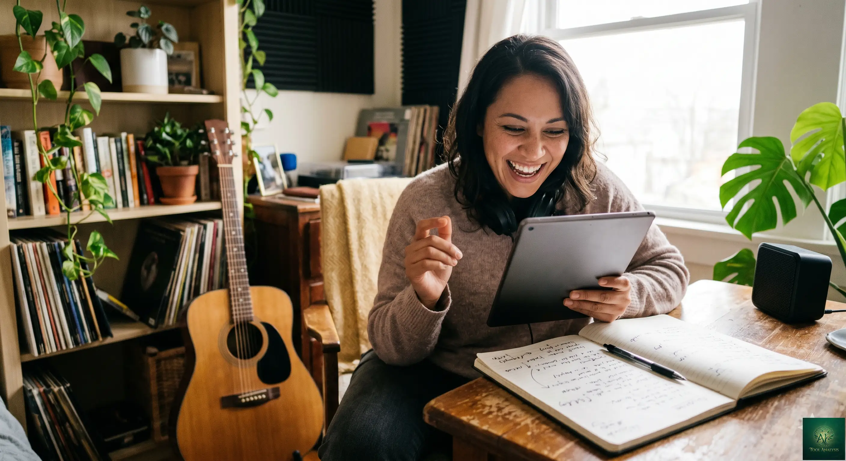 Songwriter testing Suno, one of the best AI music generators for vocals, on a tablet