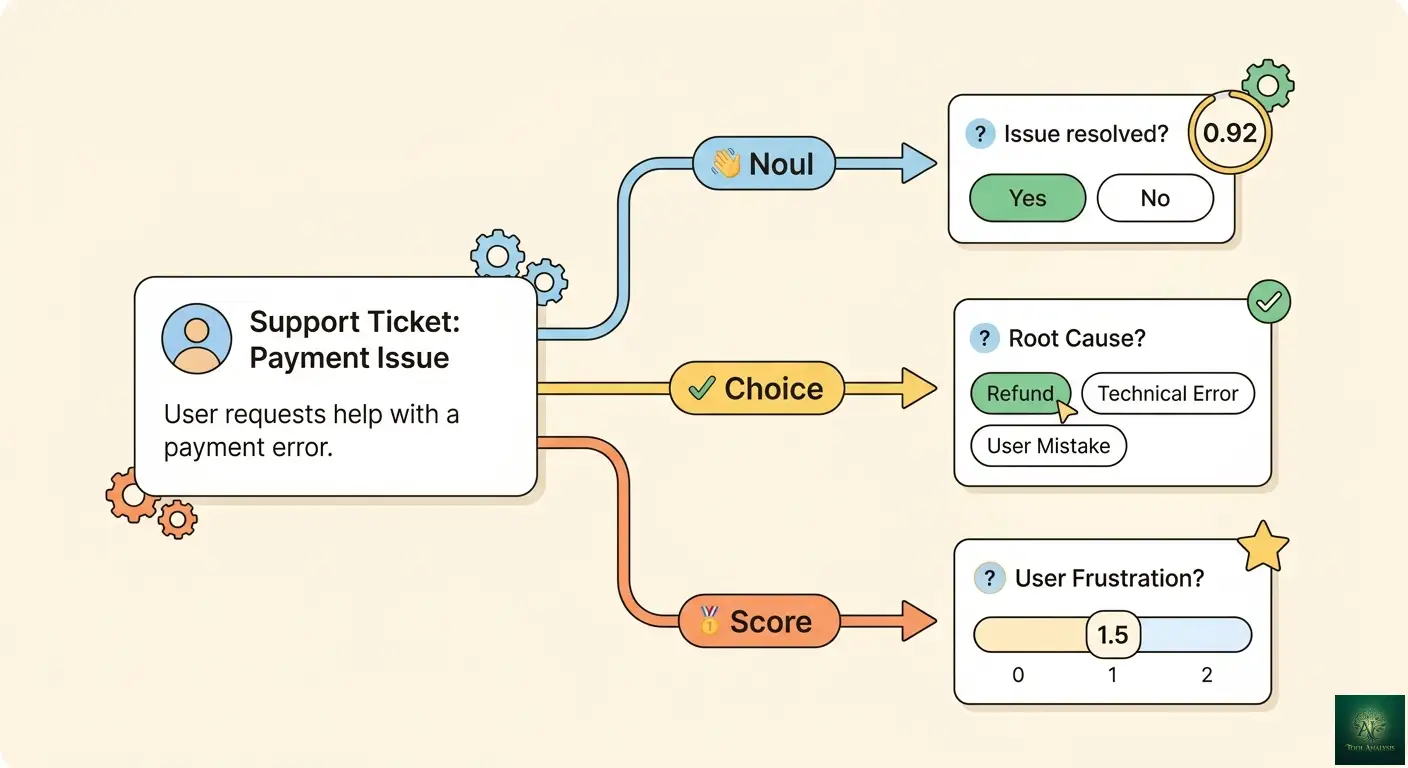 Jev review of the three question types Noul, Choice and Score applied to one support ticket