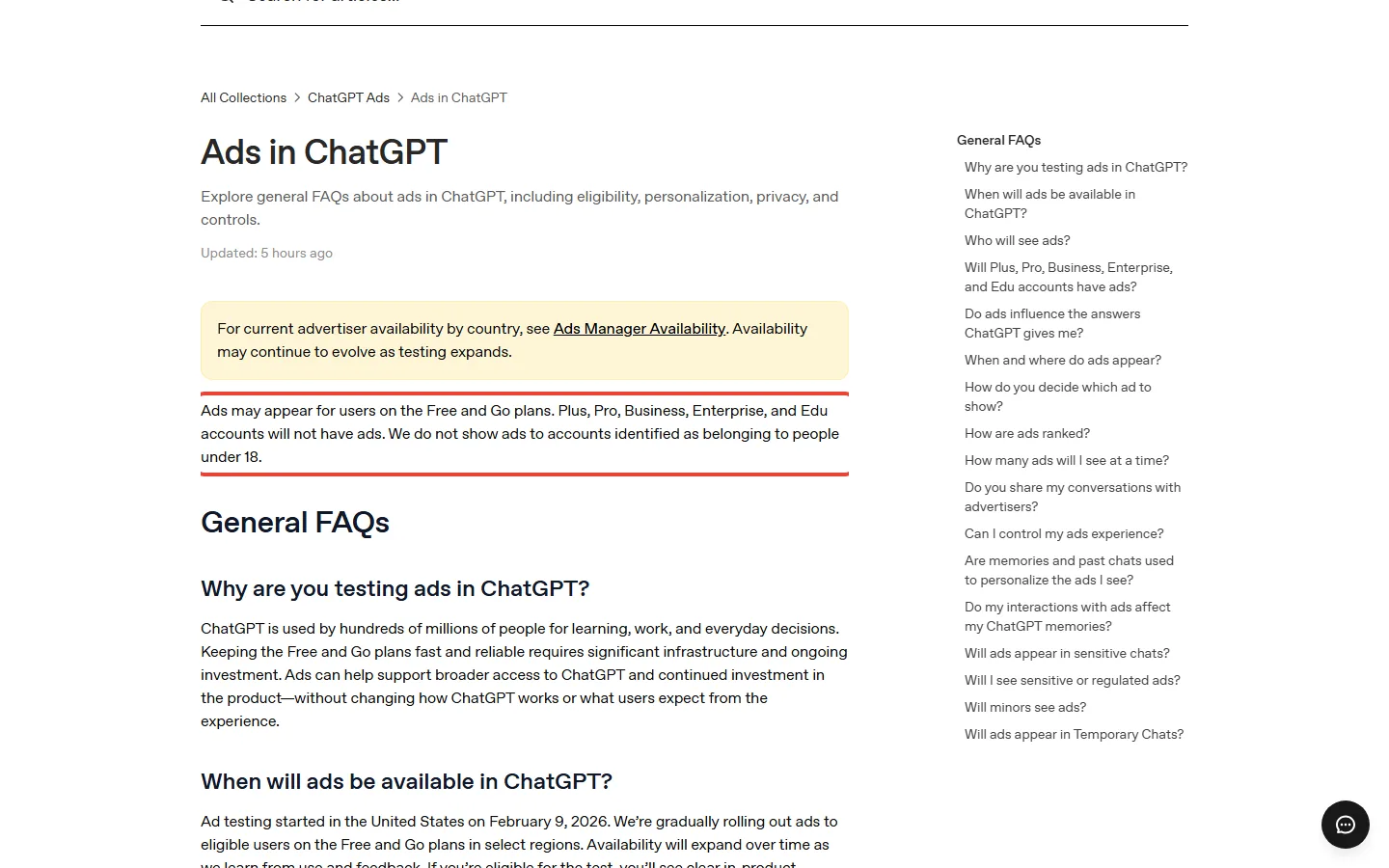 OpenAI's Ads in ChatGPT help page saying ads may appear for users on the Free and Go plans while Plus and Pro have no ads