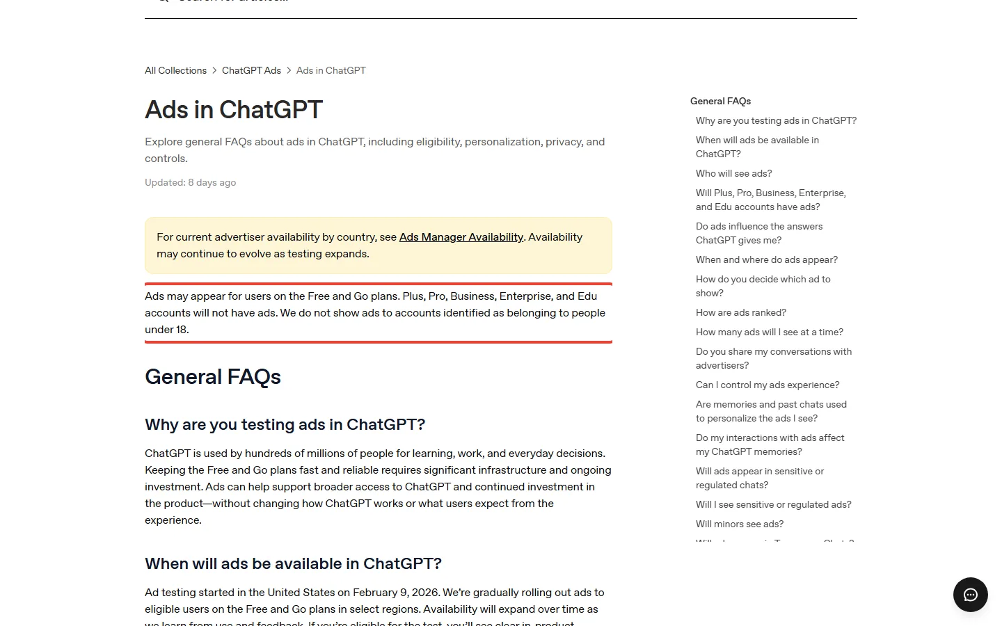 OpenAI help page stating that Plus, Pro, Business, Enterprise and Edu accounts will not have ads
