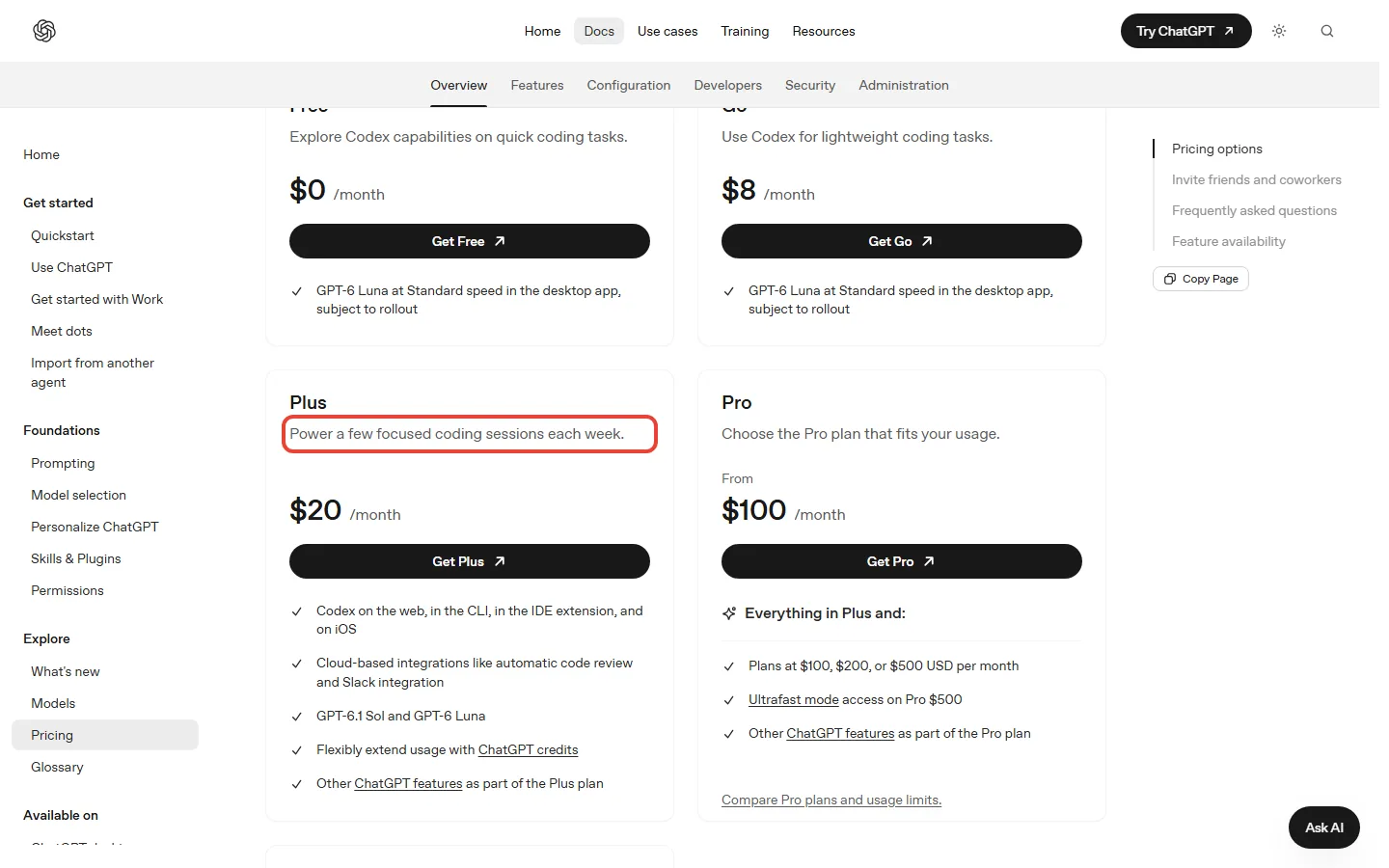 OpenAI's Codex pricing page listing the Free, Go, Plus and Pro plans