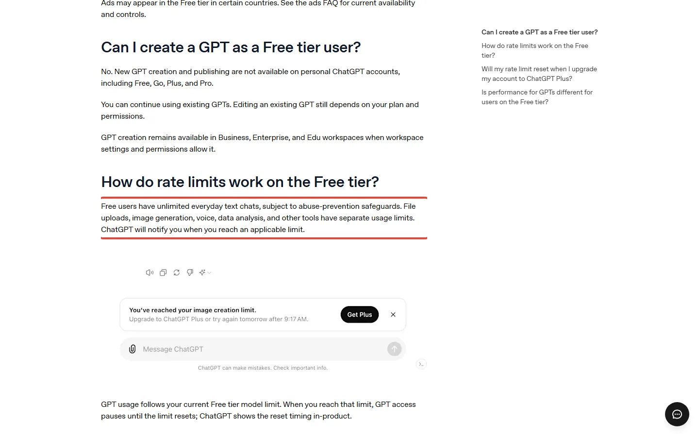 OpenAI's ChatGPT Free Tier FAQ stating that image generation has separate usage limits