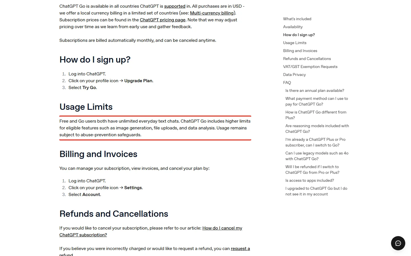 OpenAI's What is ChatGPT Go help page saying Free and Go users both have unlimited everyday text chats