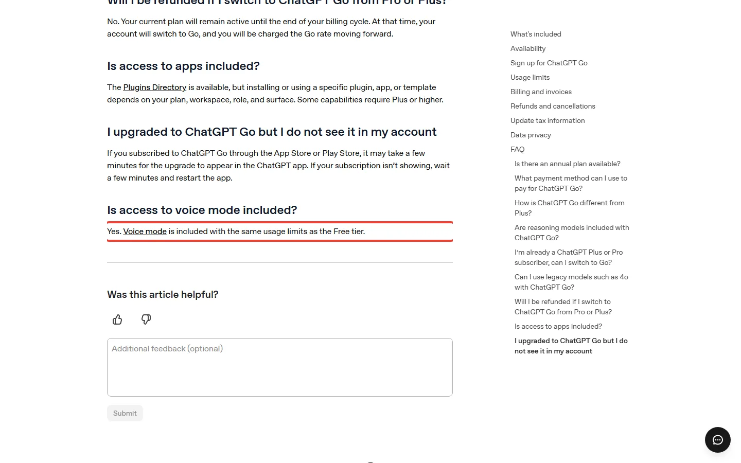 OpenAI ChatGPT Go help page FAQ saying voice mode has the same usage limits as the Free tier