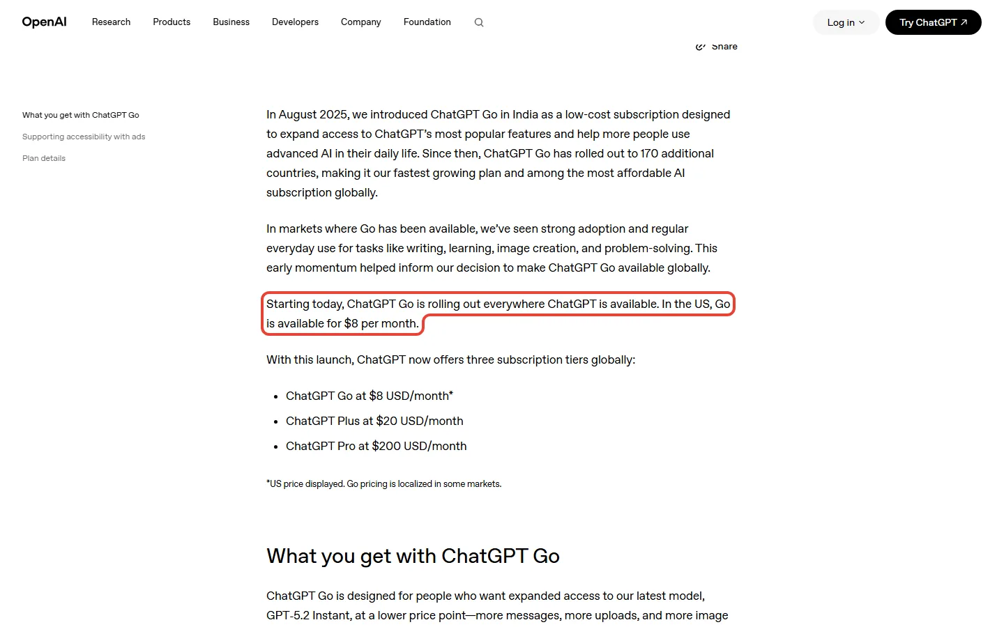 OpenAI's Introducing ChatGPT Go post stating that in the US Go is available for $8 per month